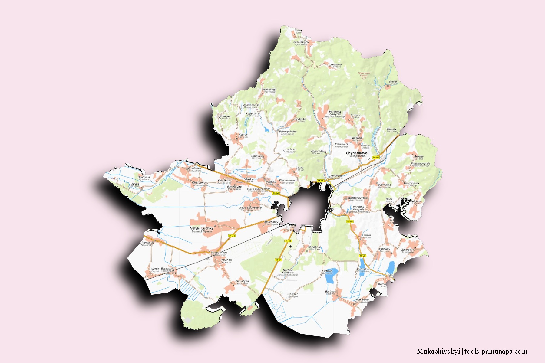 Mapa de barrios y pueblos de Mukachivskyi con efecto de sombra 3D