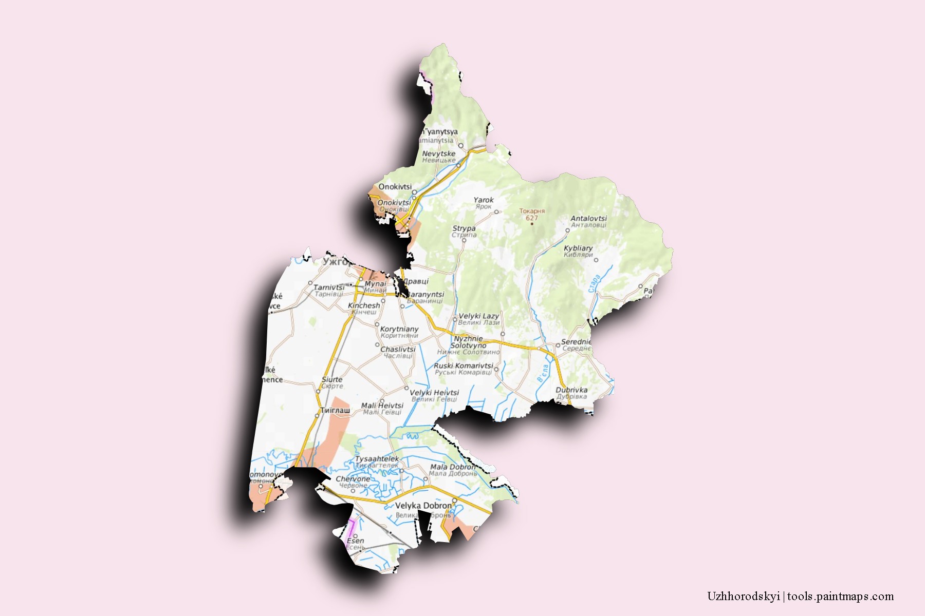 Mapa de barrios y pueblos de Uzhhorodskyi con efecto de sombra 3D