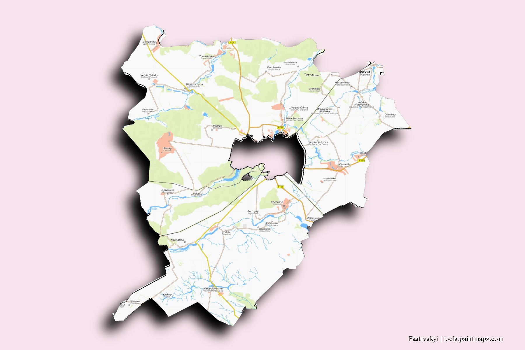 Mapa de barrios y pueblos de Fastivskyi con efecto de sombra 3D