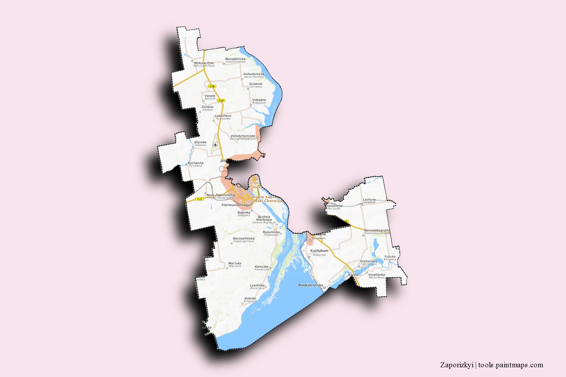 Mapa de barrios y pueblos de Zaporizkyi con efecto de sombra 3D