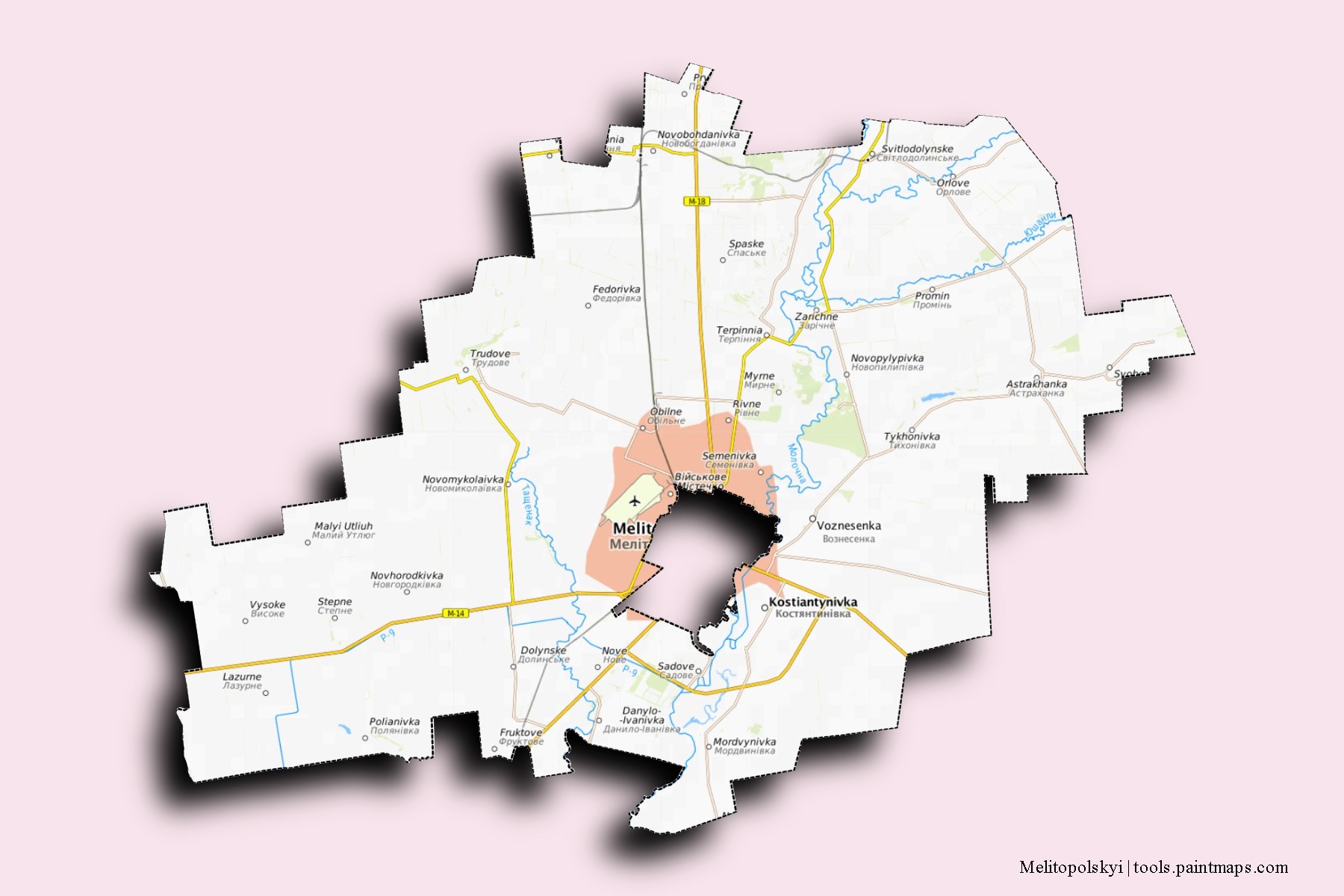 Mapa de barrios y pueblos de Melitopolskyi con efecto de sombra 3D