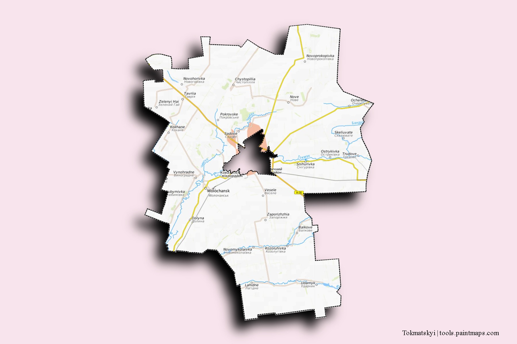 Mapa de barrios y pueblos de Tokmatskyi con efecto de sombra 3D