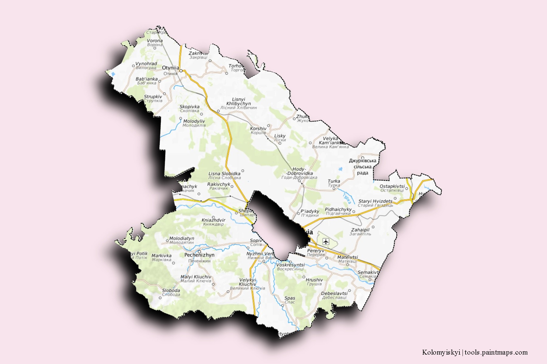 Mapa de barrios y pueblos de Kolomyiskyi con efecto de sombra 3D