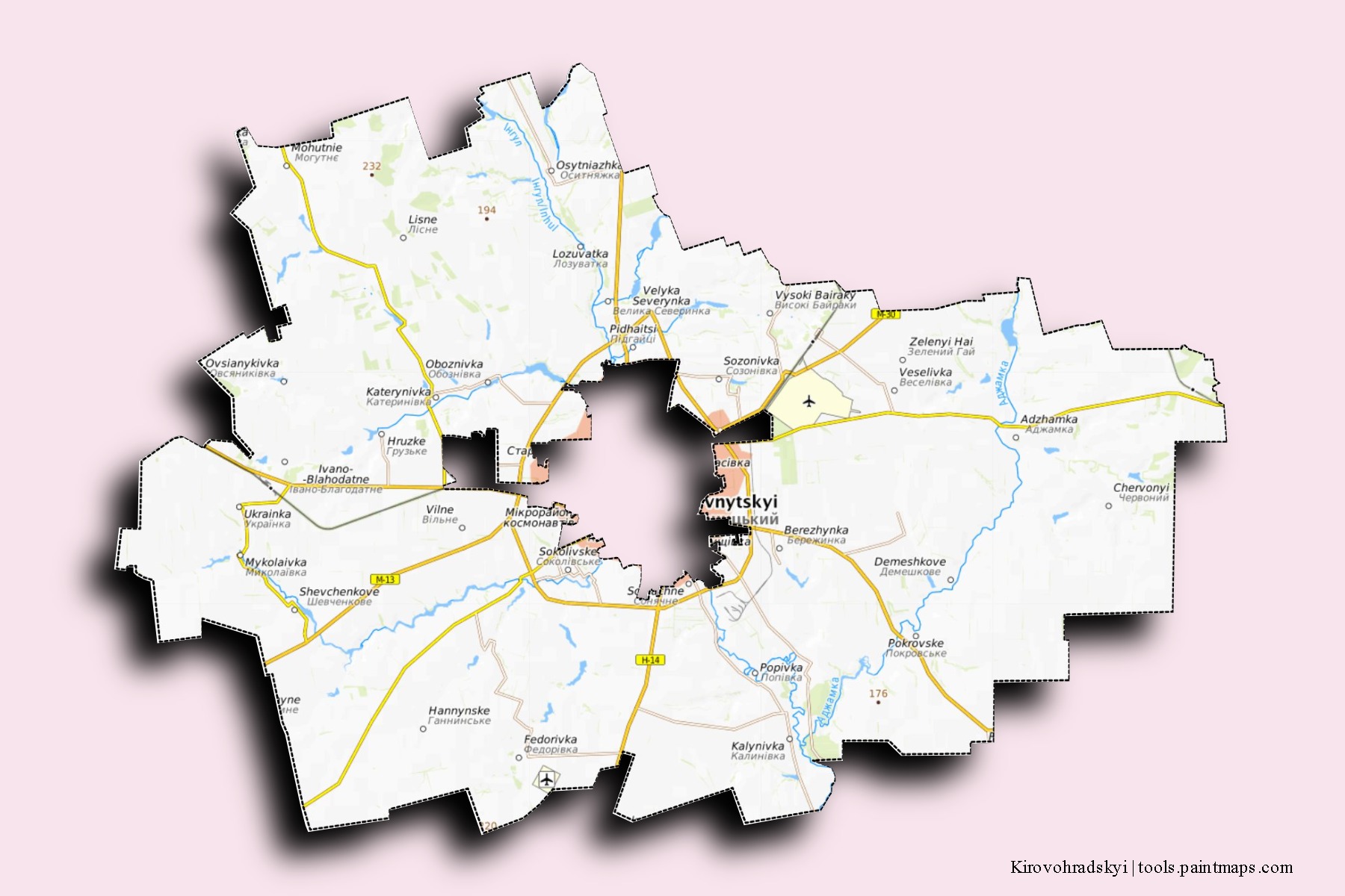 Mapa de barrios y pueblos de Kirovohradskyi con efecto de sombra 3D