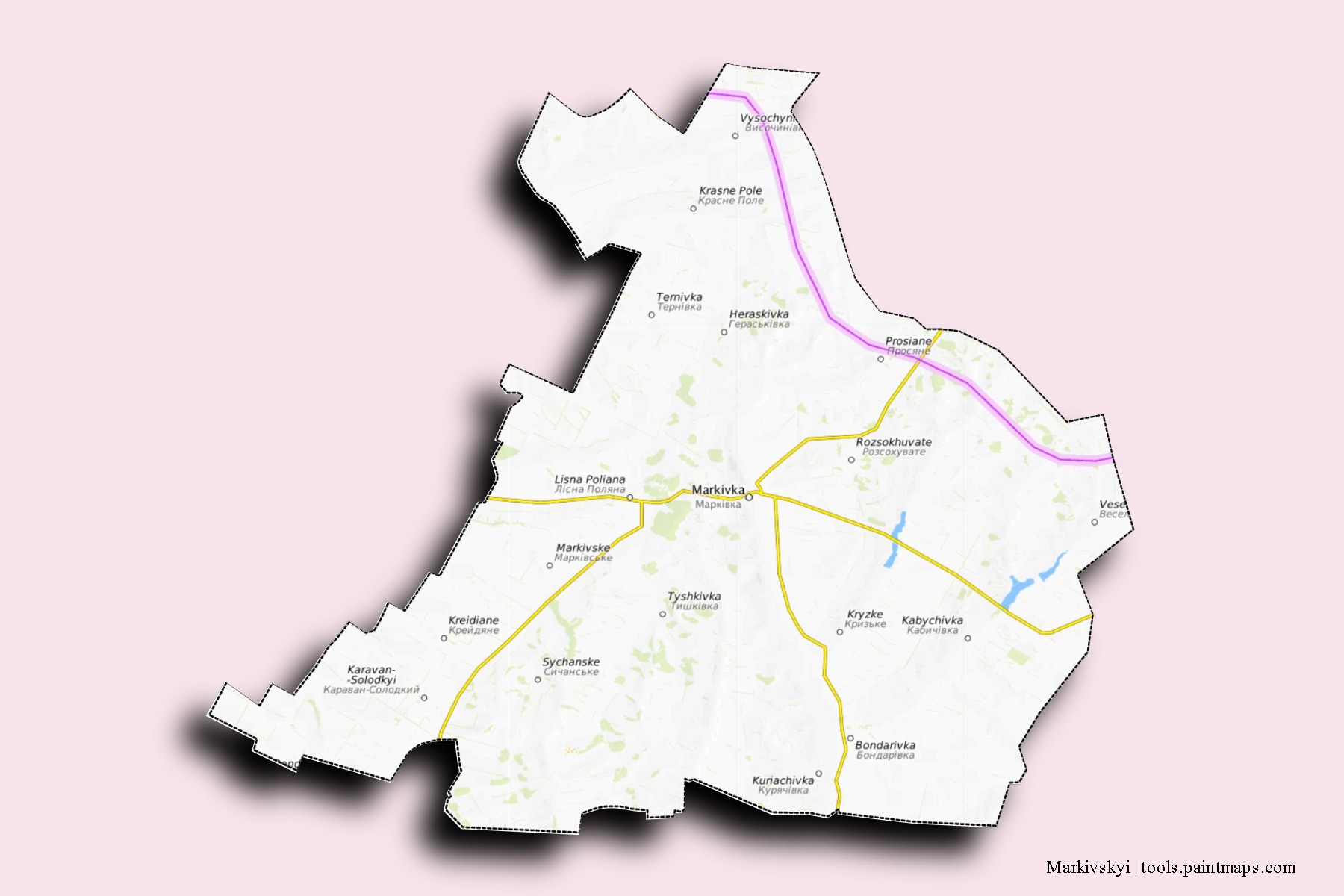 Mapa de barrios y pueblos de Markivskyi con efecto de sombra 3D