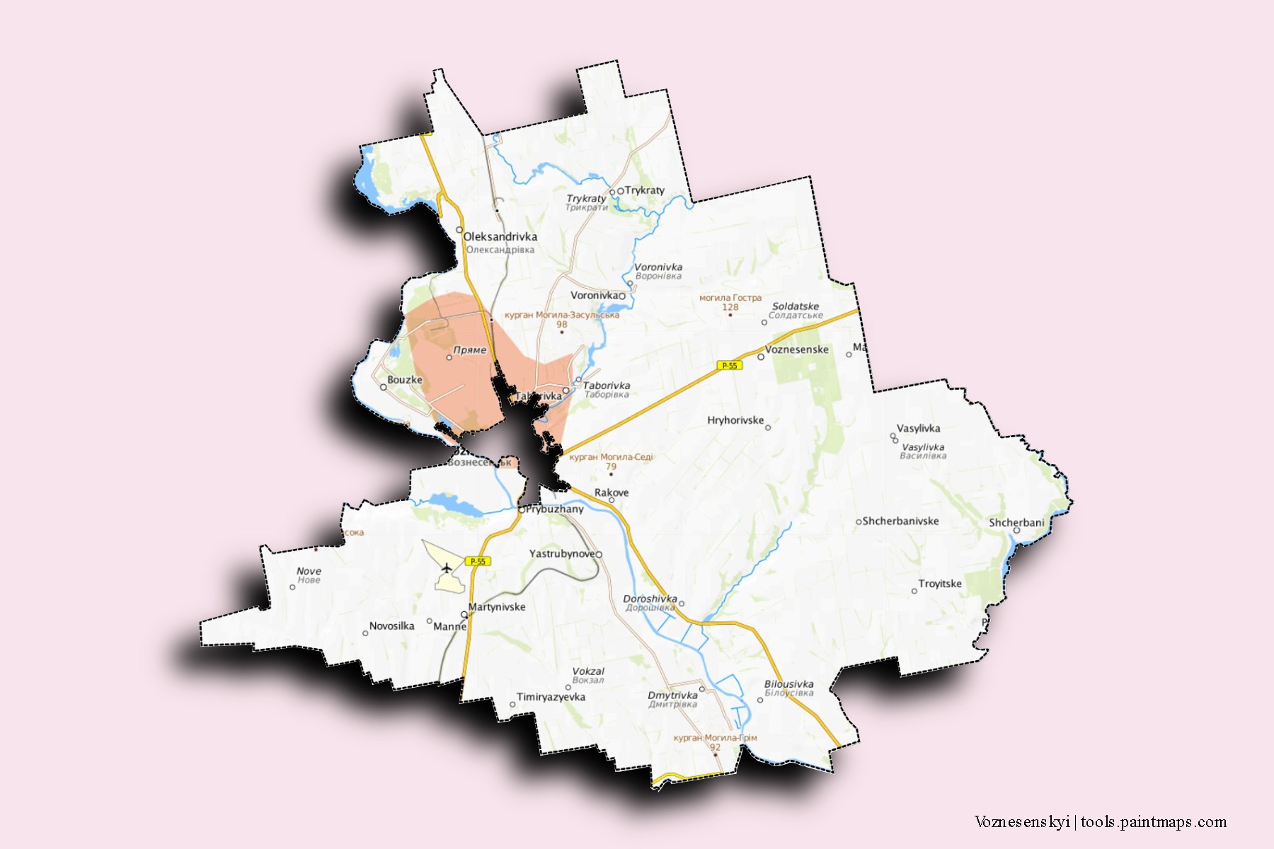 Mapa de barrios y pueblos de Voznesenskyi con efecto de sombra 3D