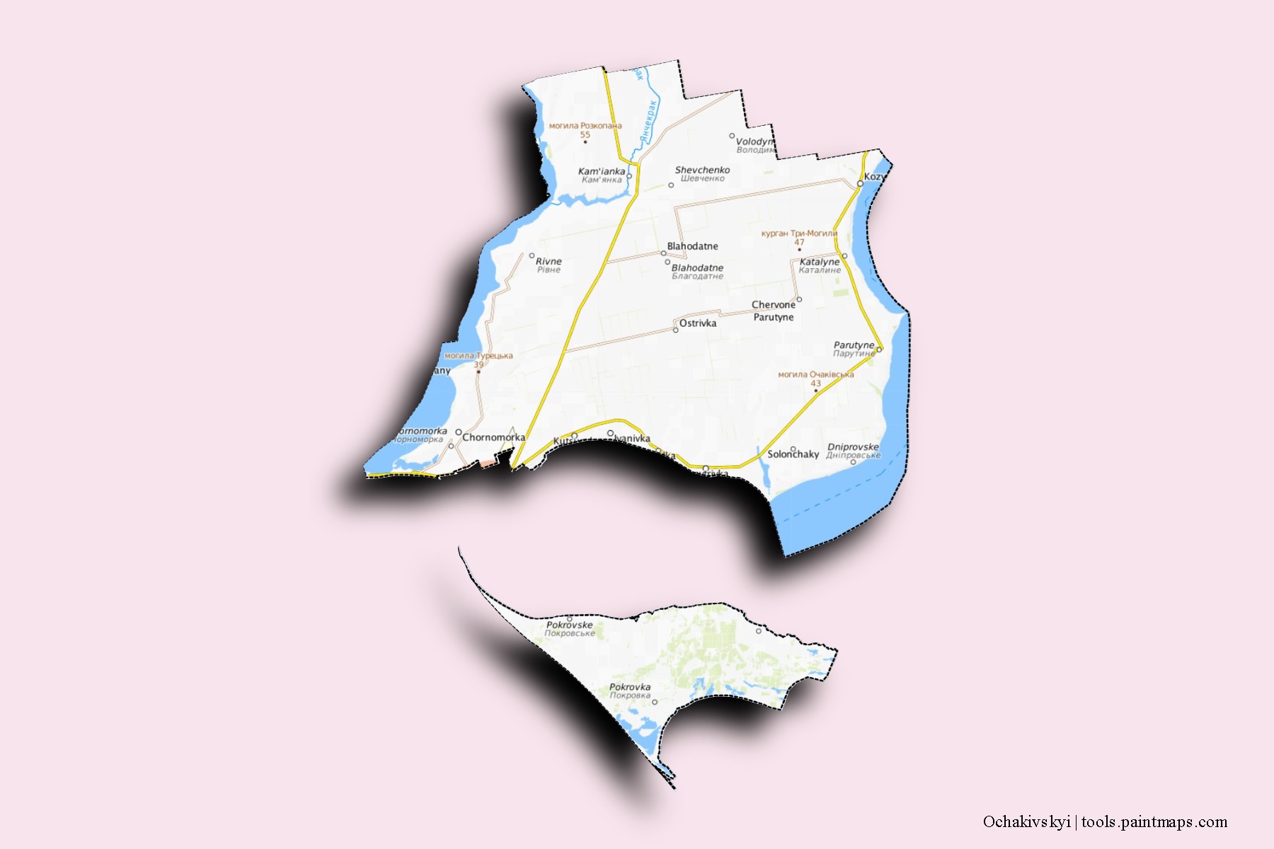 Mapa de barrios y pueblos de Ochakivskyi con efecto de sombra 3D