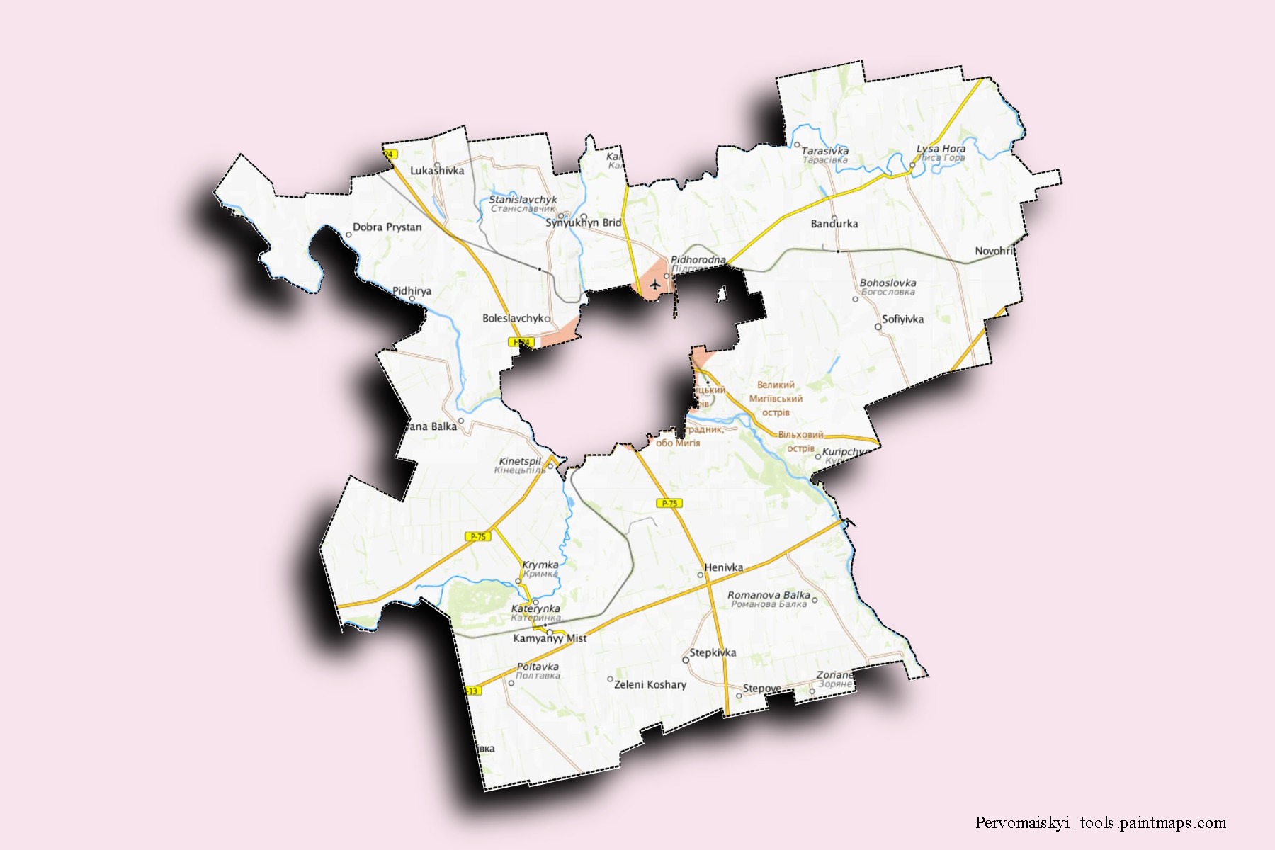 Mapa de barrios y pueblos de Pervomaiskyi con efecto de sombra 3D