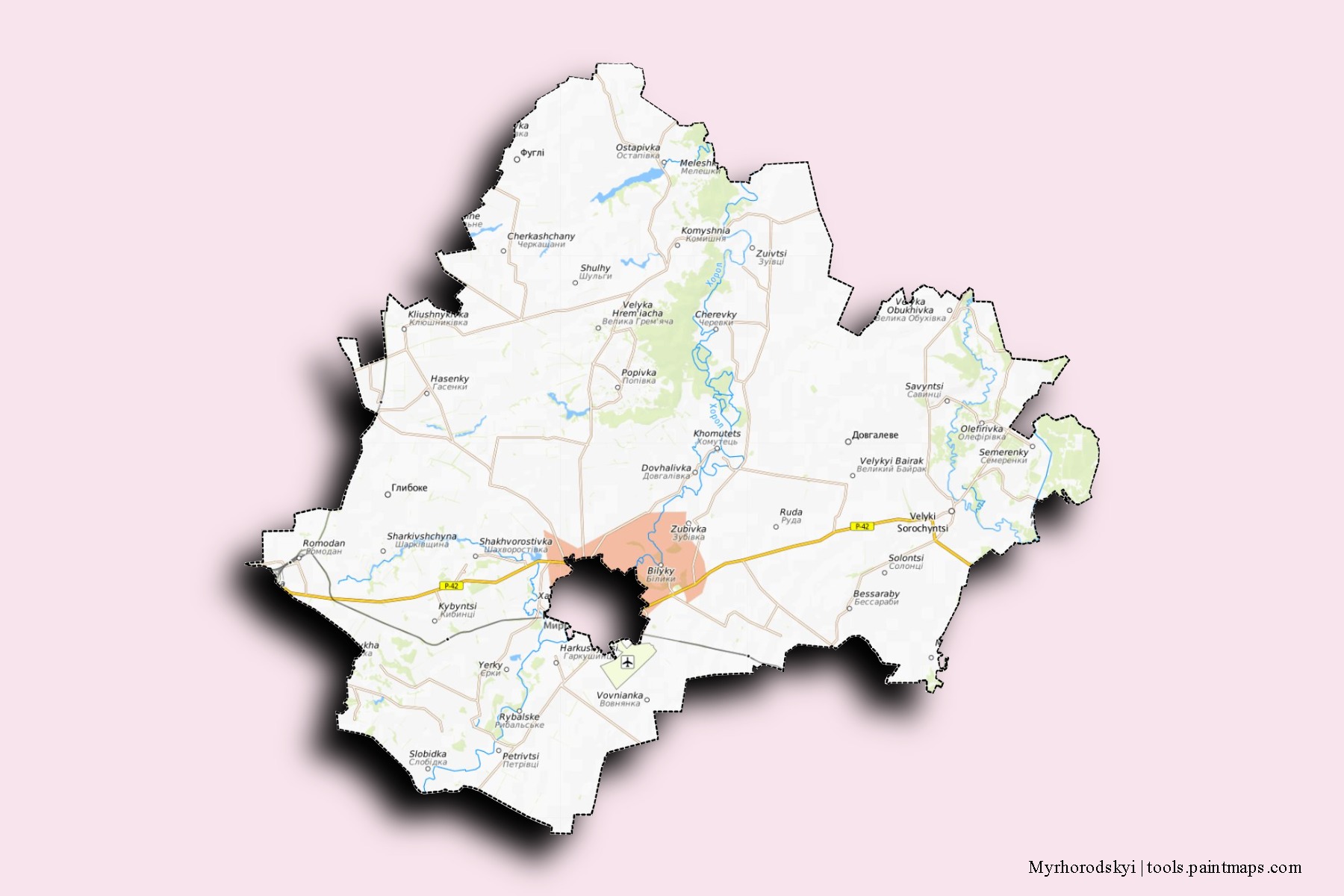 Mapa de barrios y pueblos de Myrhorodskyi con efecto de sombra 3D