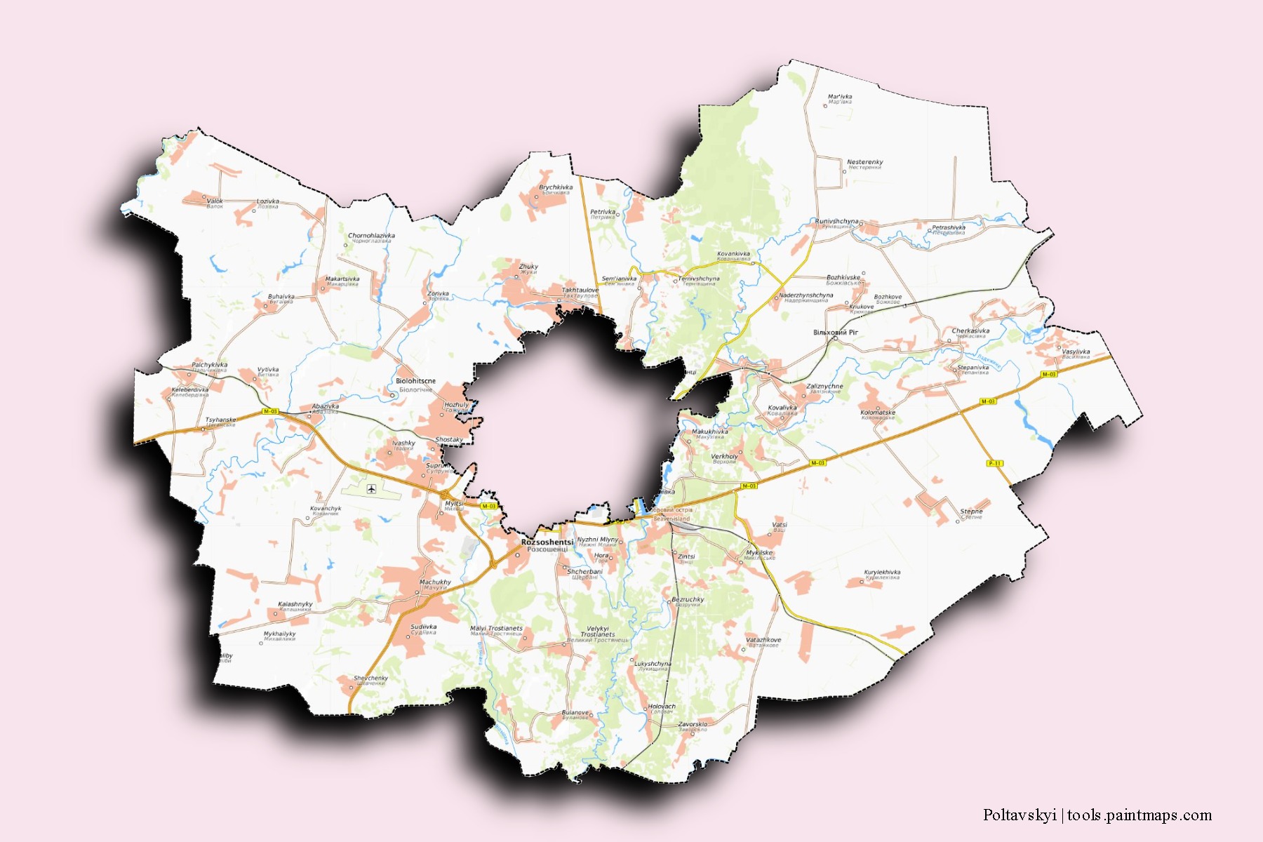 Mapa de barrios y pueblos de Poltavskyi con efecto de sombra 3D