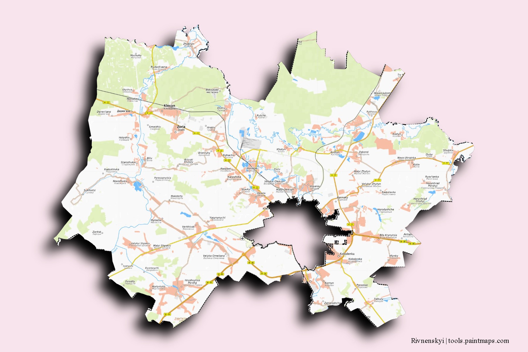 Mapa de barrios y pueblos de Rivnenskyi con efecto de sombra 3D