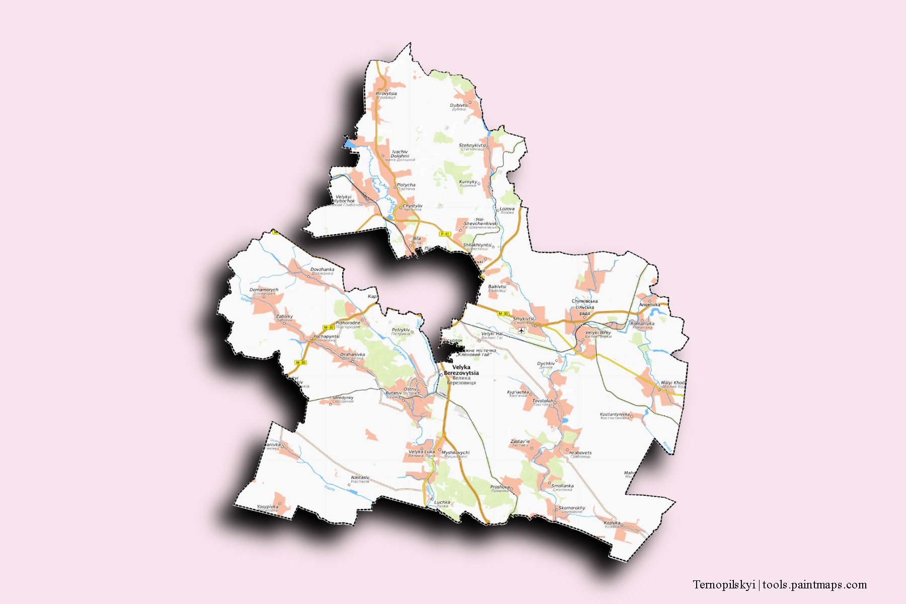 3D gölge efektli Ternopilskyi mahalleleri ve köyleri haritası