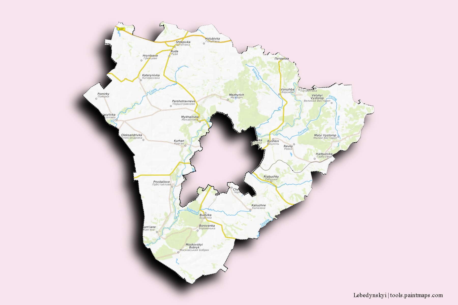 Mapa de barrios y pueblos de Lebedynskyi con efecto de sombra 3D