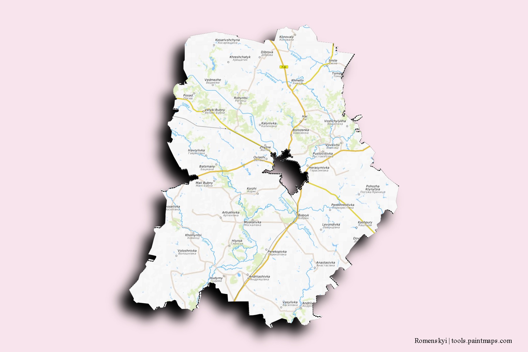 Mapa de barrios y pueblos de Romenskyi con efecto de sombra 3D