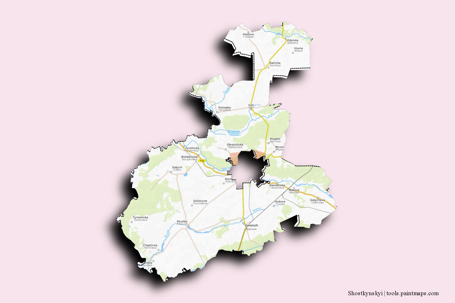 Shostkins'kyi neighborhoods and villages map with 3D shadow effect