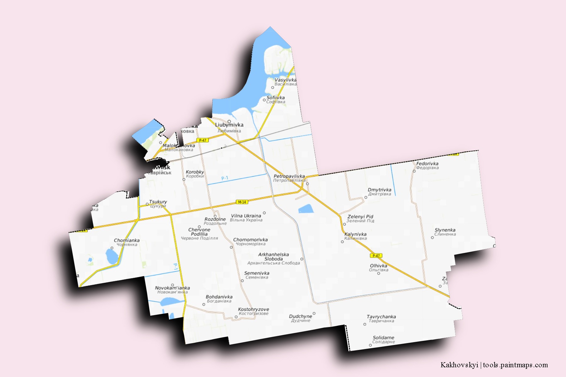 Mapa de barrios y pueblos de Kakhovskyi con efecto de sombra 3D