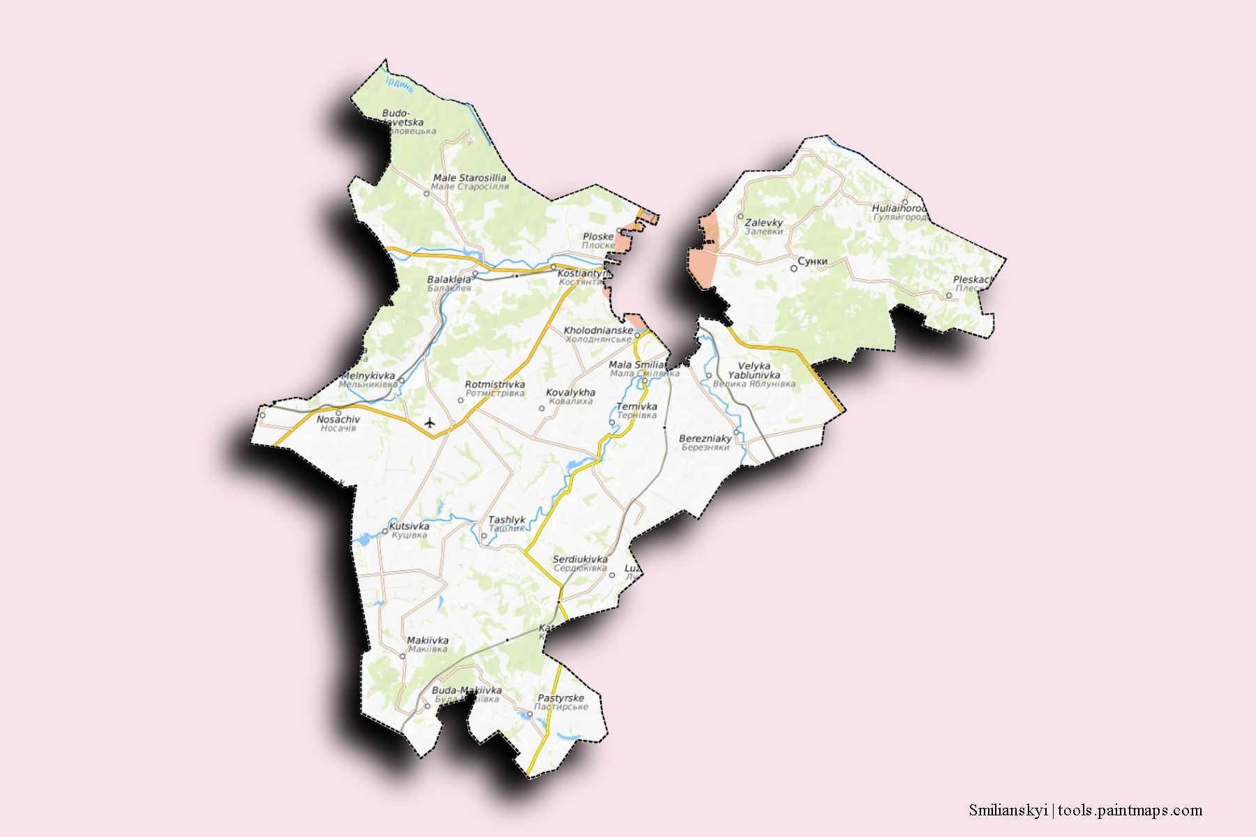 Mapa de barrios y pueblos de Smilianskyi con efecto de sombra 3D