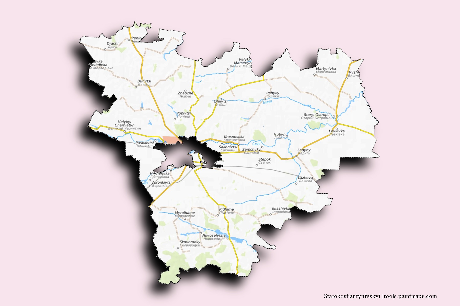 Mapa de barrios y pueblos de Starokostiantynivskyi con efecto de sombra 3D