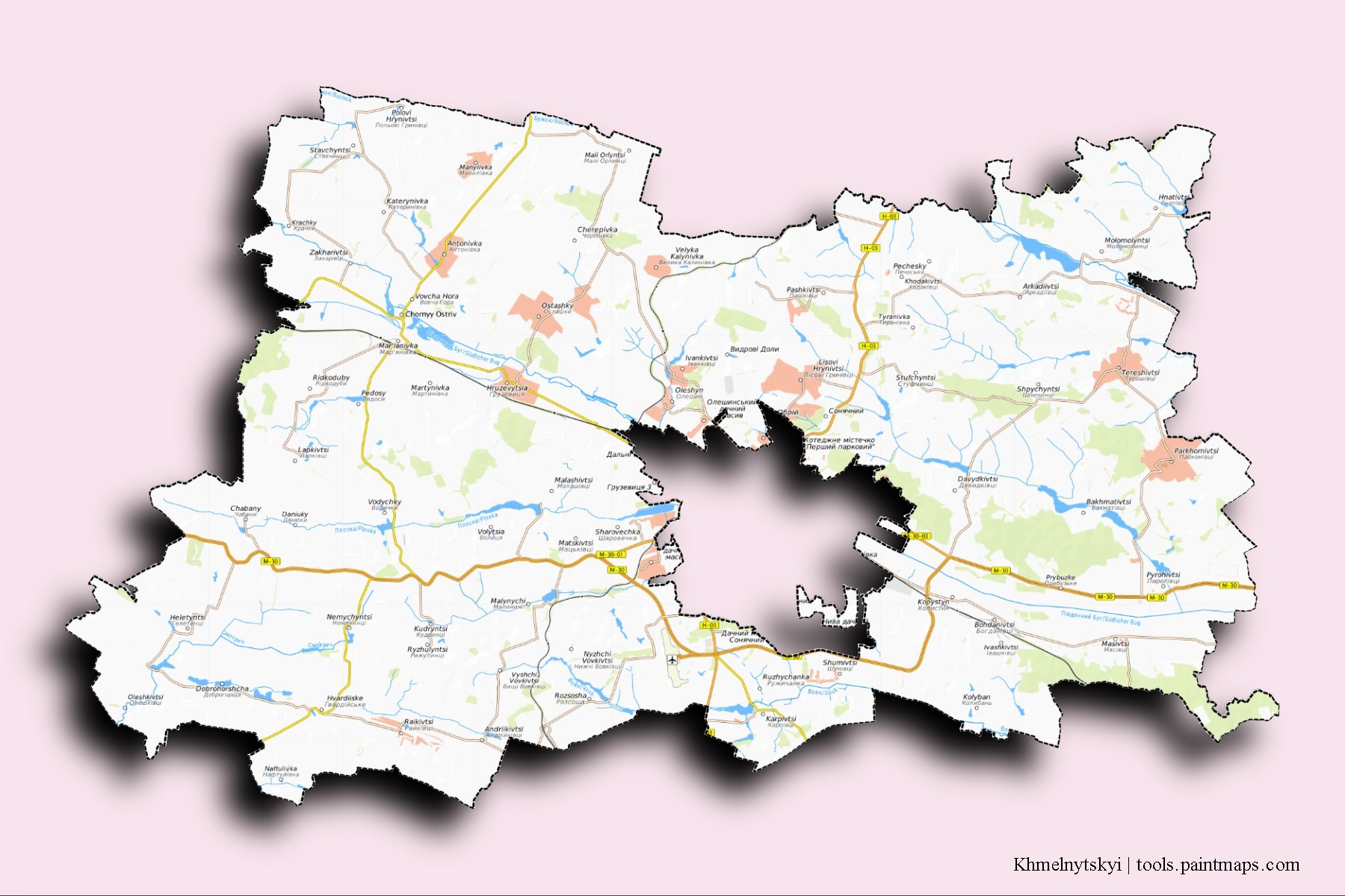 Mapa de barrios y pueblos de Khmelnytskyi con efecto de sombra 3D