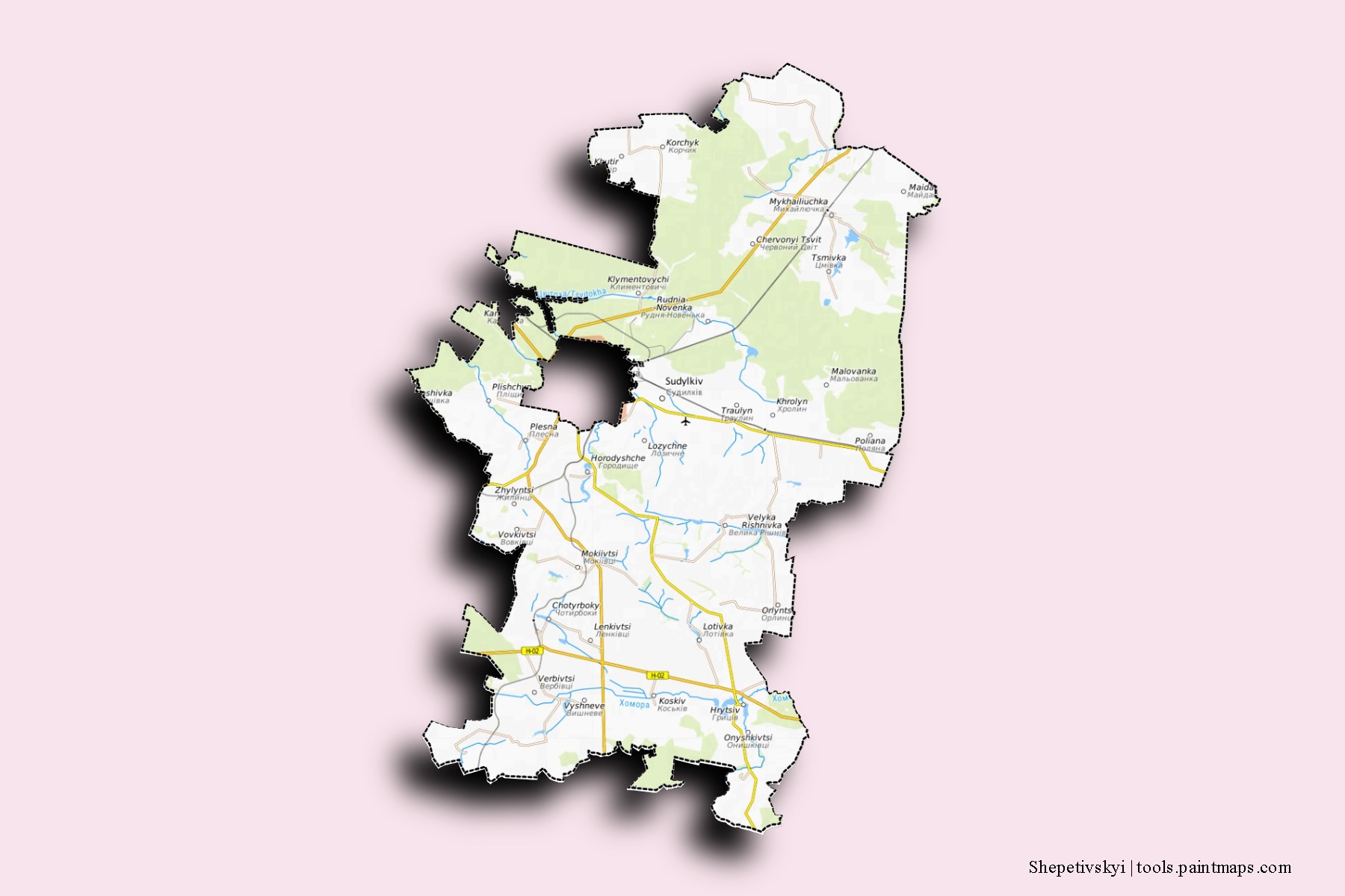 Mapa de barrios y pueblos de Shepetivskyi con efecto de sombra 3D