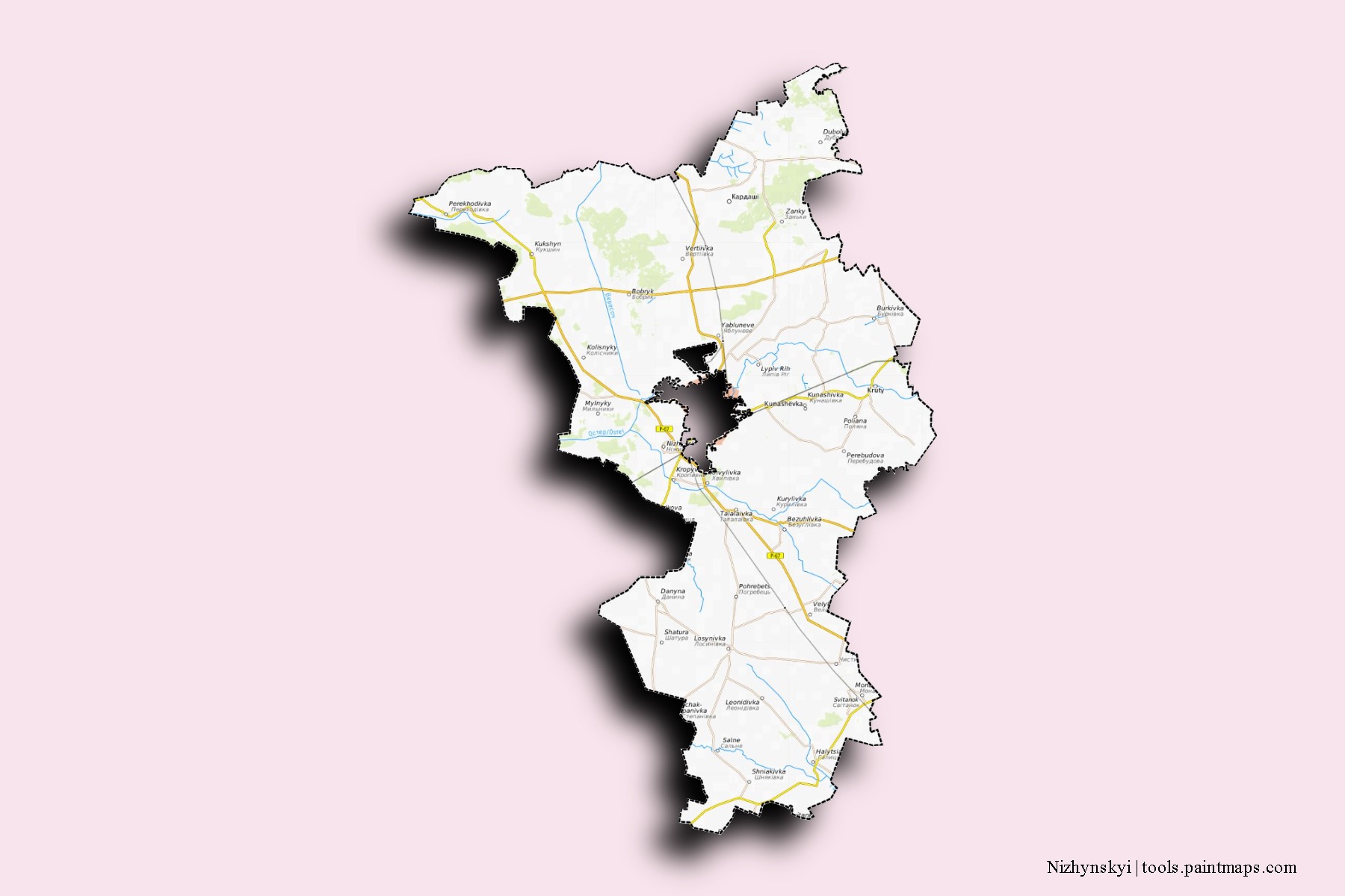 Mapa de barrios y pueblos de Nizhynskyi con efecto de sombra 3D