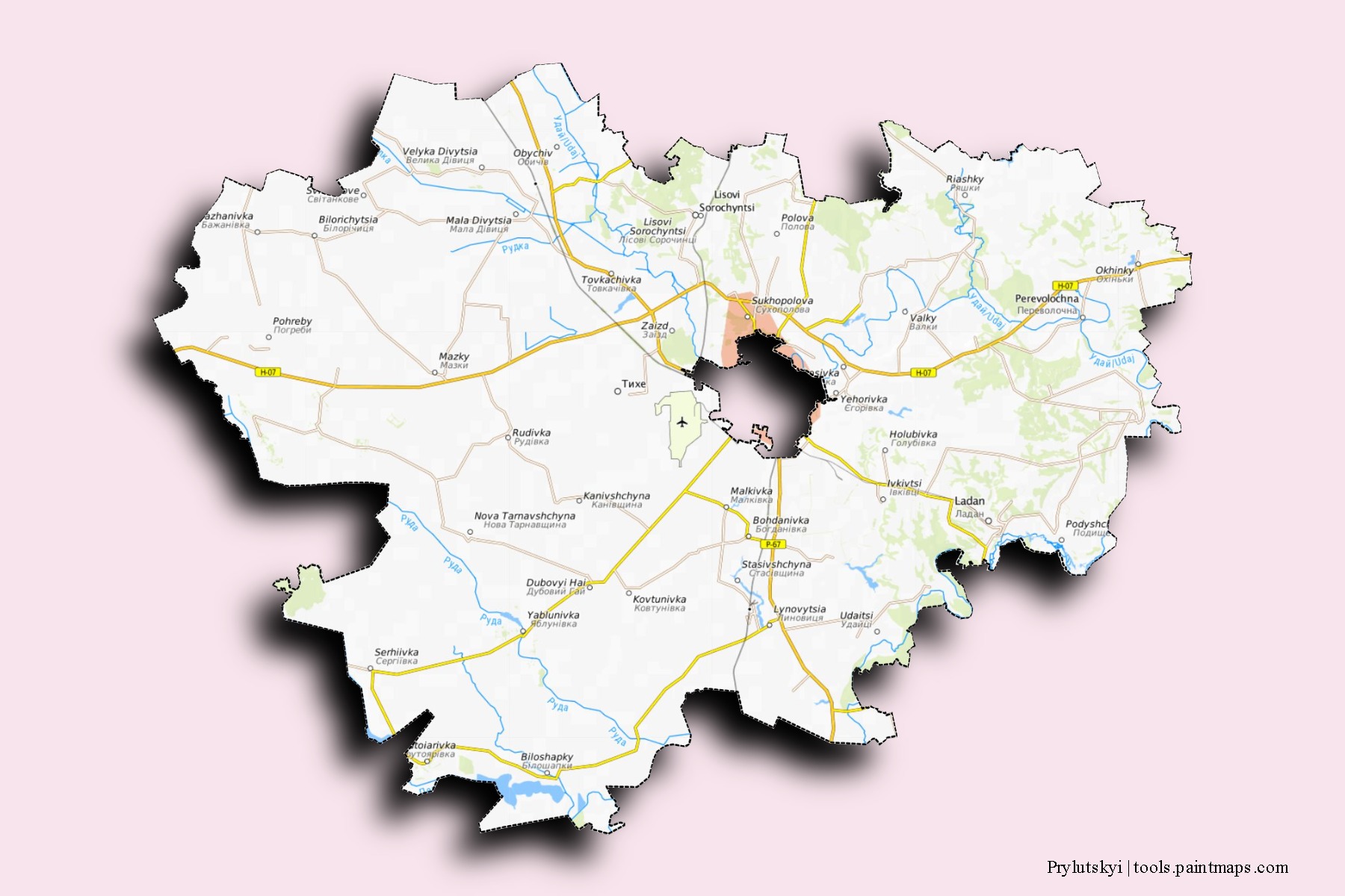 Mapa de barrios y pueblos de Prylutskyi con efecto de sombra 3D