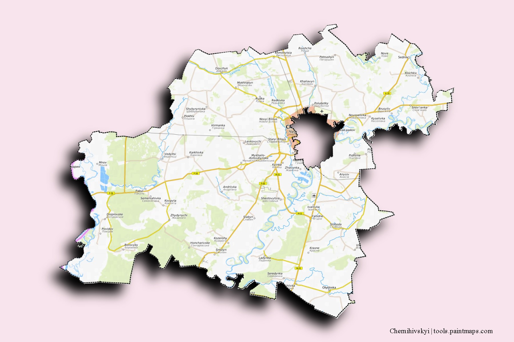 Mapa de barrios y pueblos de Chernihivskyi con efecto de sombra 3D