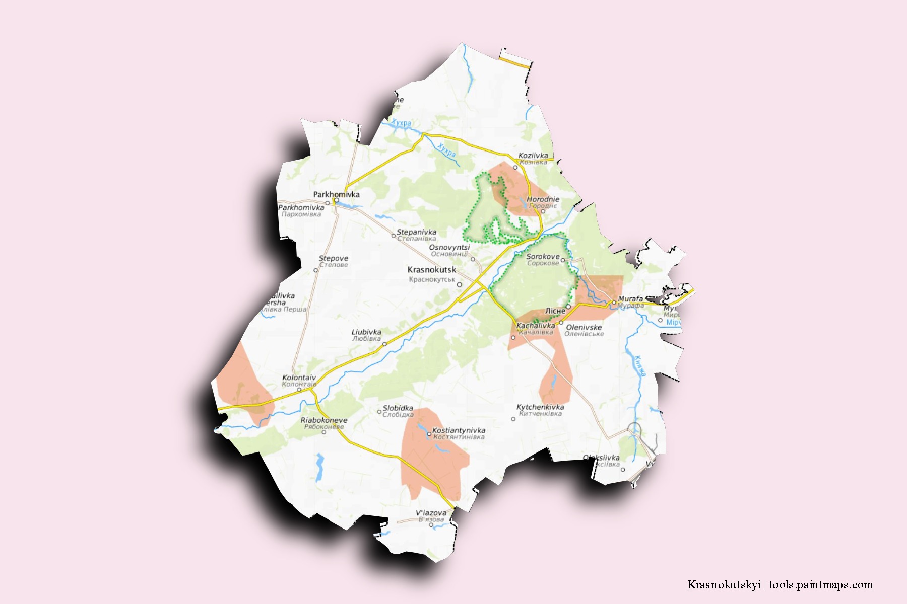 Krasnokuts'kyi neighborhoods and villages map with 3D shadow effect