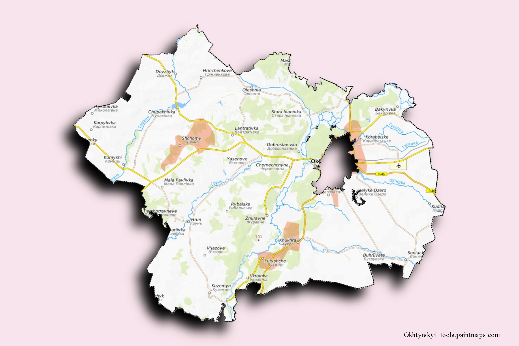 Mapa de barrios y pueblos de Okhtyrskyi con efecto de sombra 3D