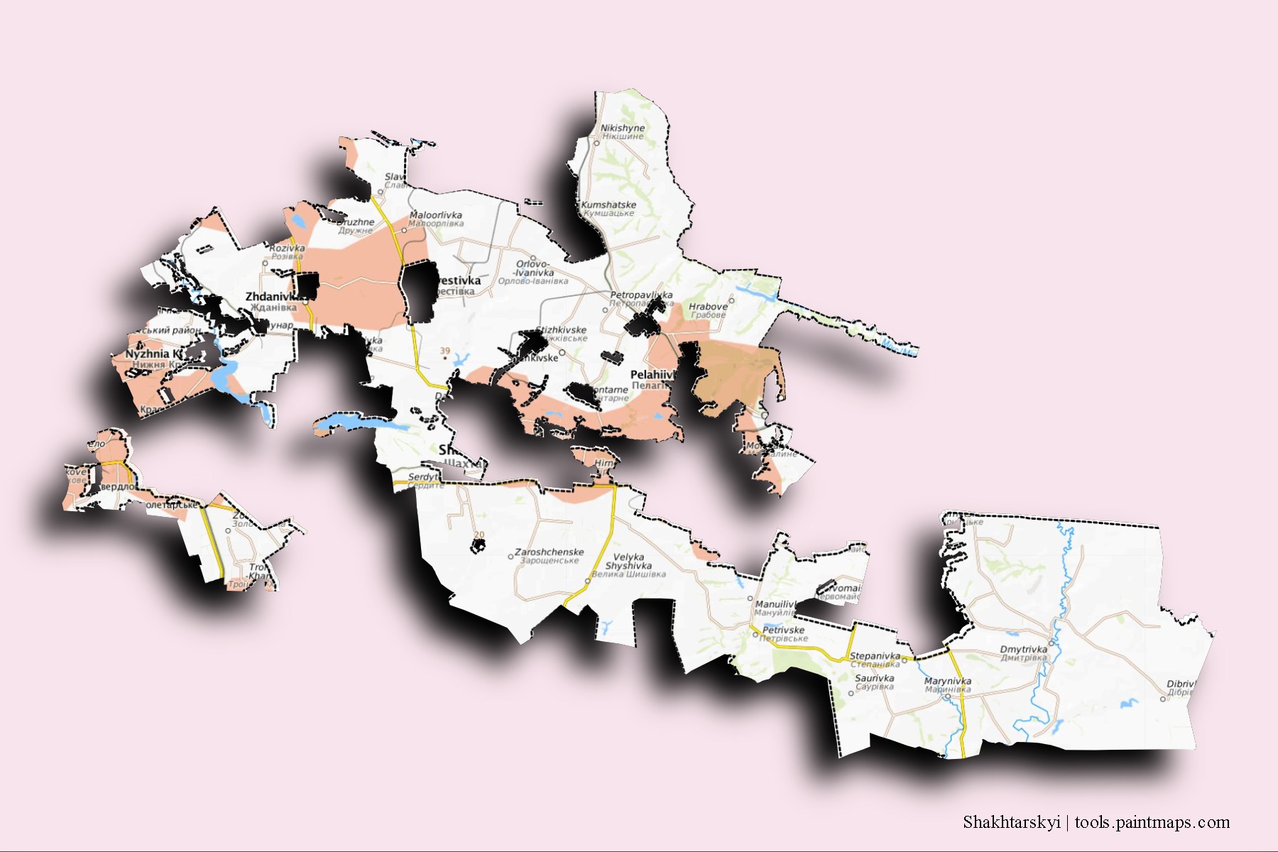 Shakhtarskyi neighborhoods and villages map with 3D shadow effect