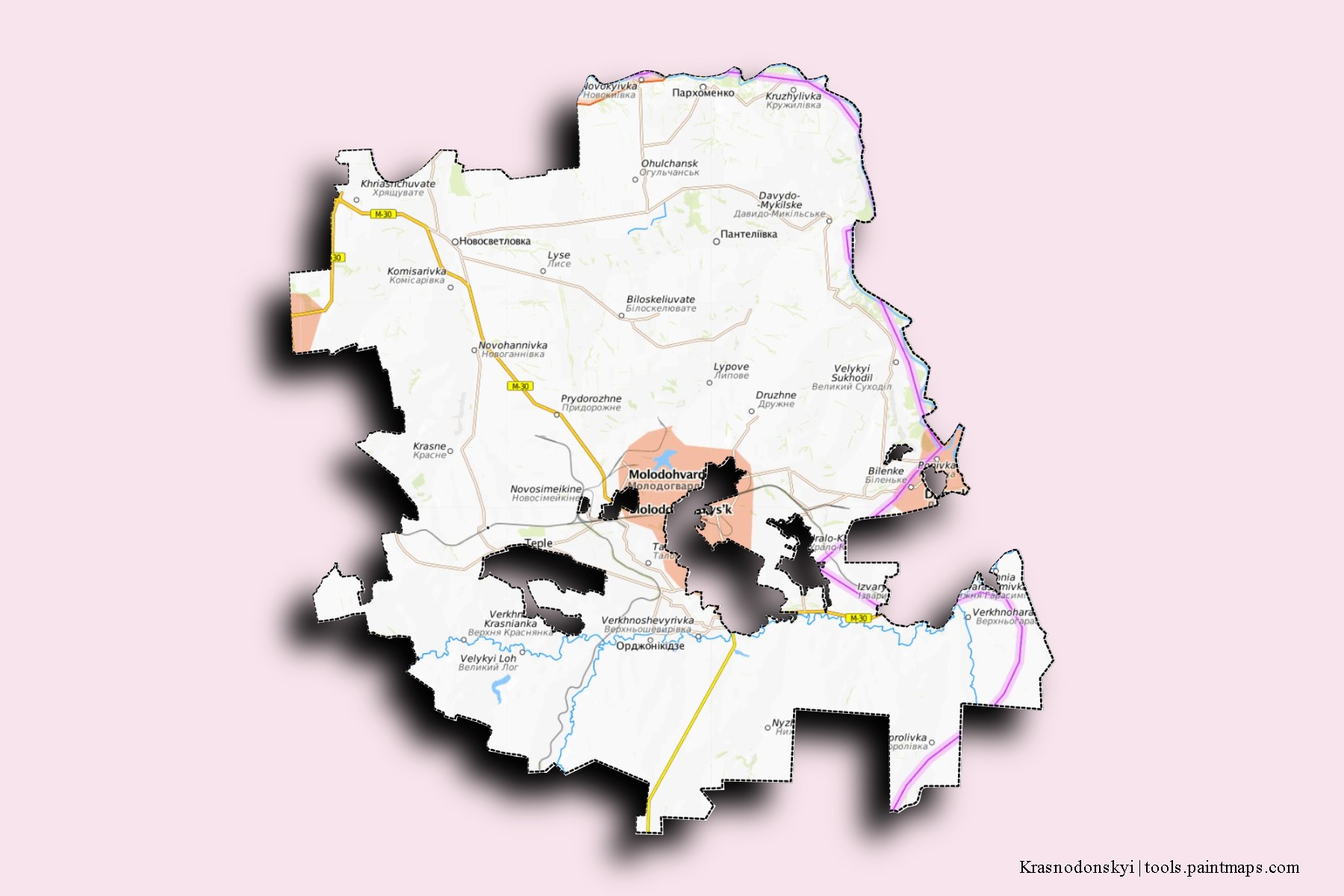 Mapa de barrios y pueblos de Krasnodonskyi con efecto de sombra 3D