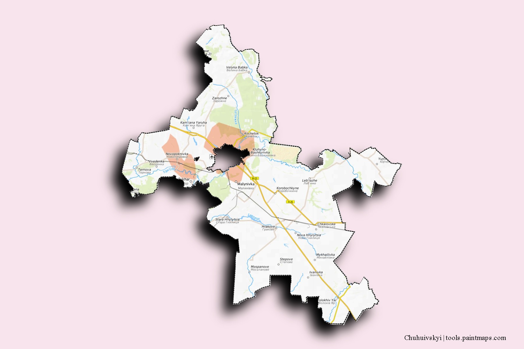 Mapa de barrios y pueblos de Chuhuivskyi con efecto de sombra 3D