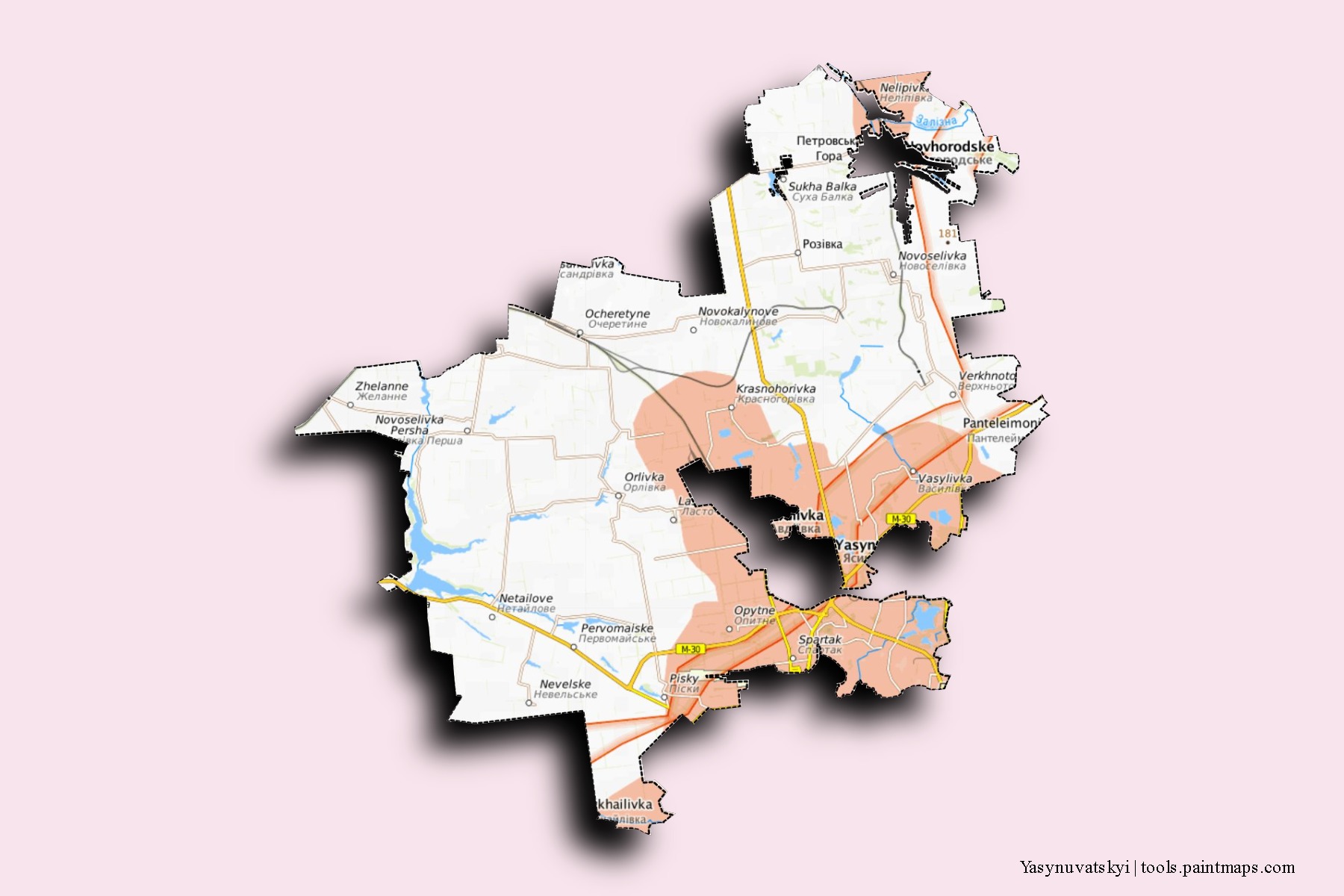 Mapa de barrios y pueblos de Yasynuvatskyi con efecto de sombra 3D