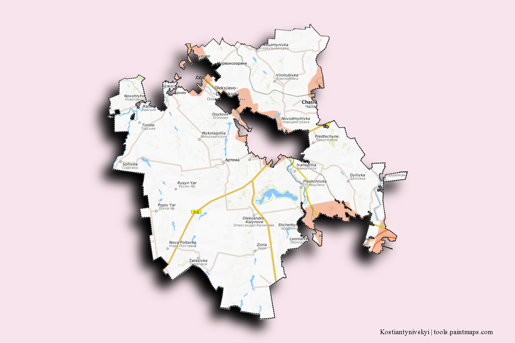 Mapa de barrios y pueblos de Kostiantynivskyi con efecto de sombra 3D