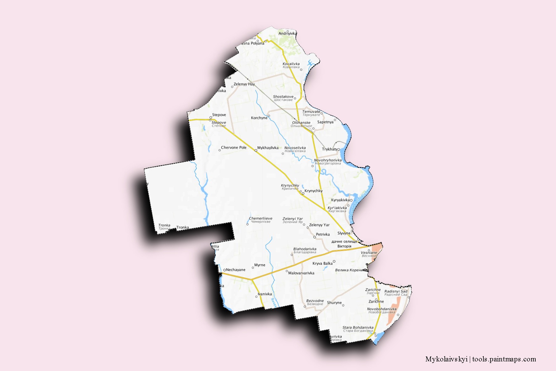 Mapa de barrios y pueblos de Mykolaivskyi con efecto de sombra 3D