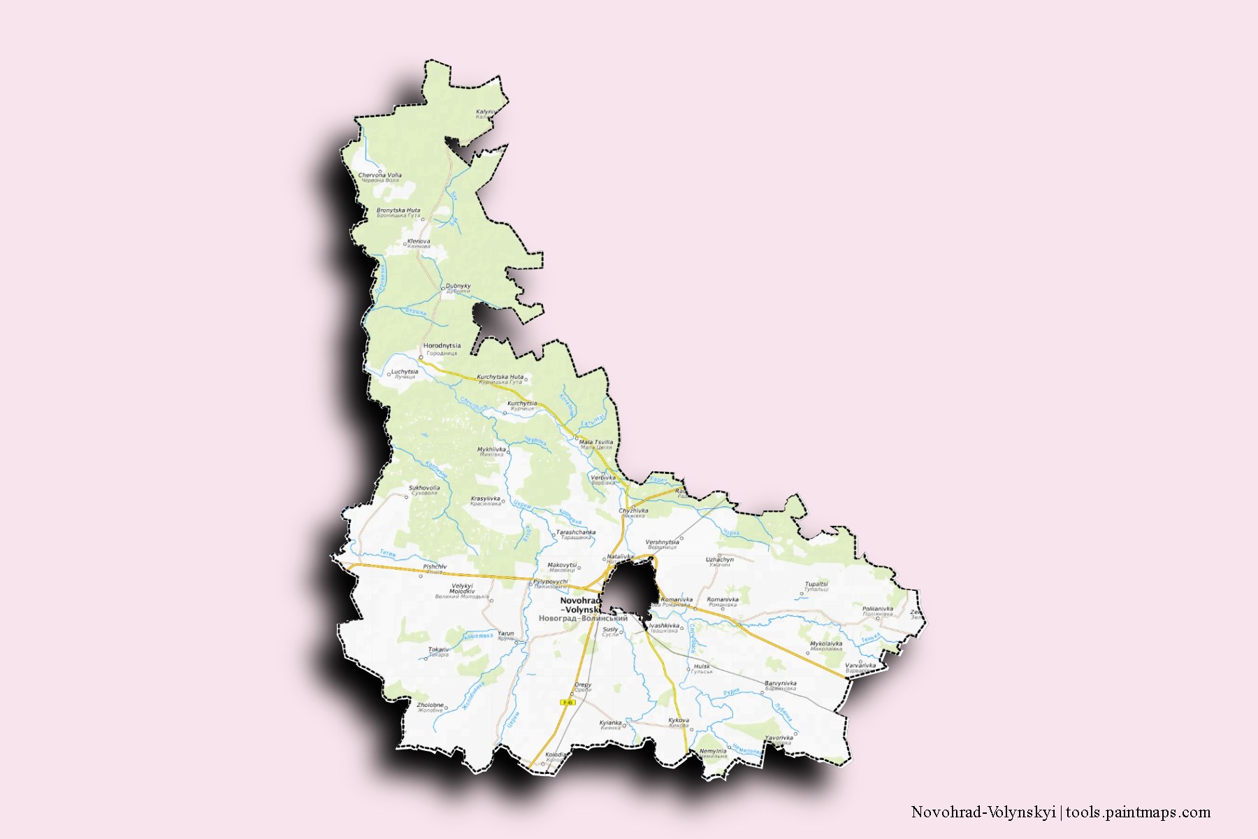 Novohrad-Volyns'kyi neighborhoods and villages map with 3D shadow effect