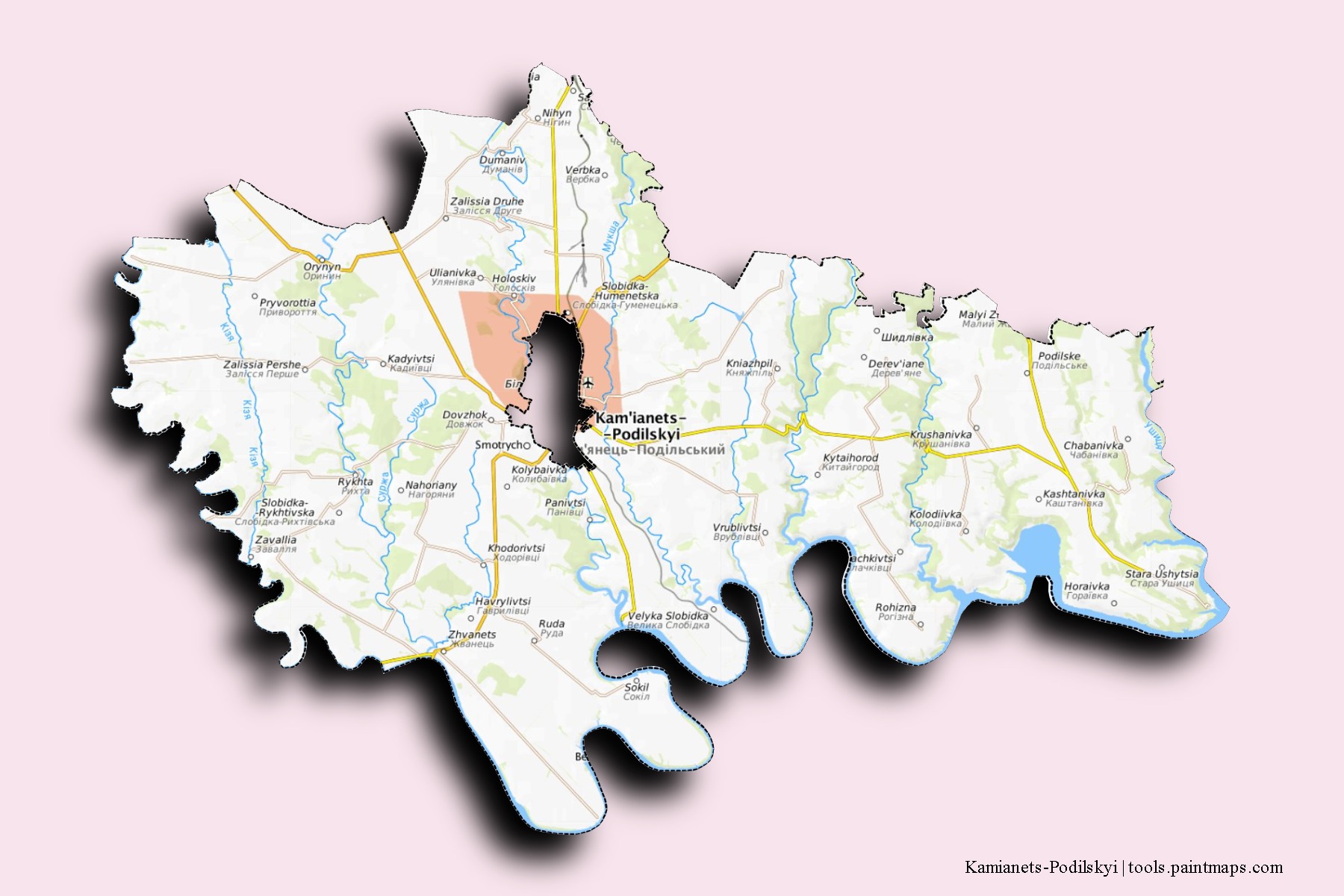 Mapa de barrios y pueblos de Kamianets-Podilskyi con efecto de sombra 3D