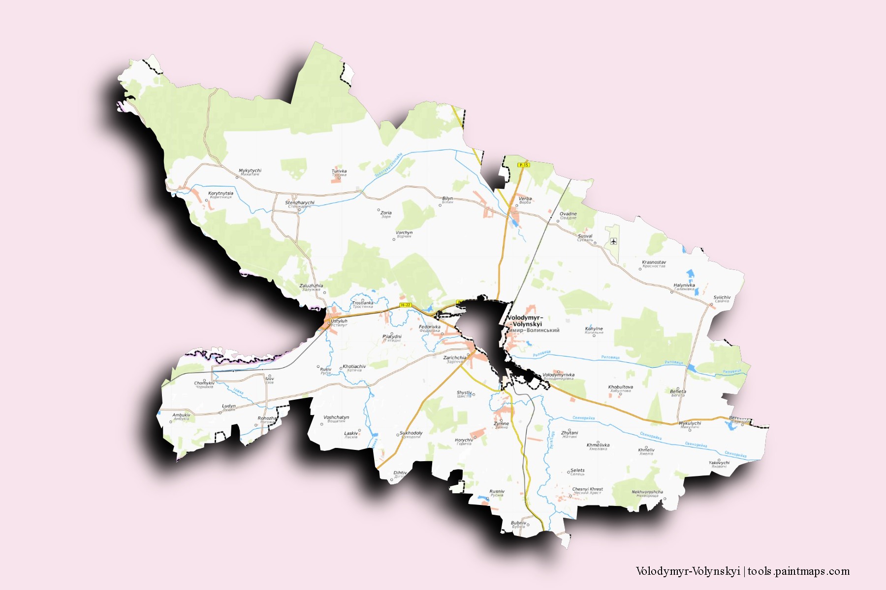 Volodymyr-Volynskyi neighborhoods and villages map with 3D shadow effect