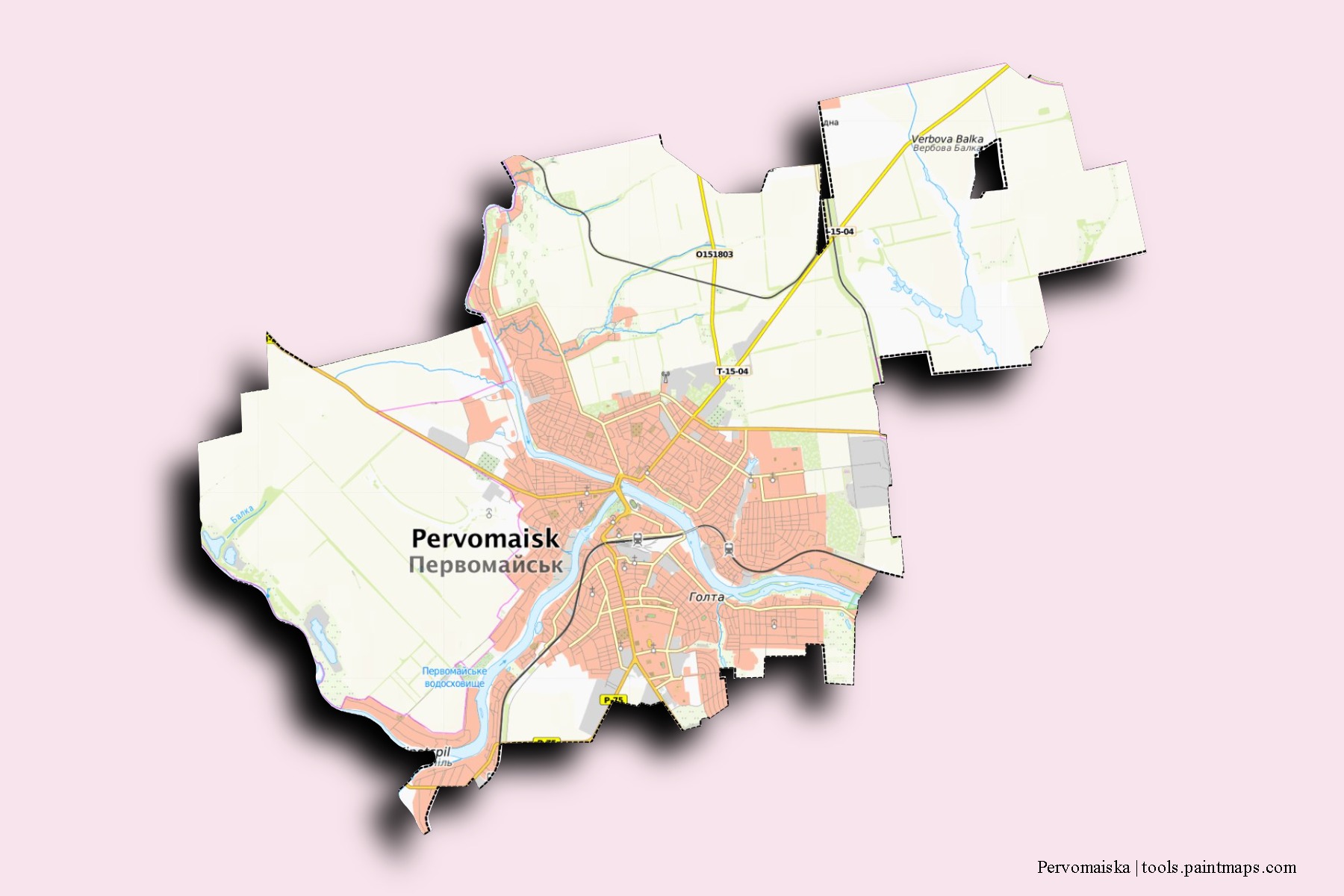 3D gölge efektli Pervomaiska mahalleleri ve köyleri haritası