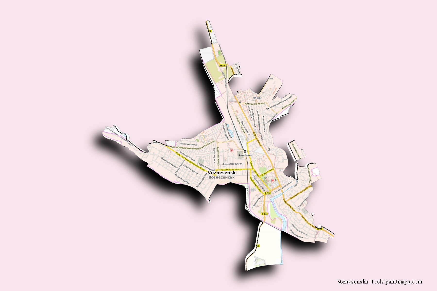 Mapa de barrios y pueblos de Voznesenska con efecto de sombra 3D