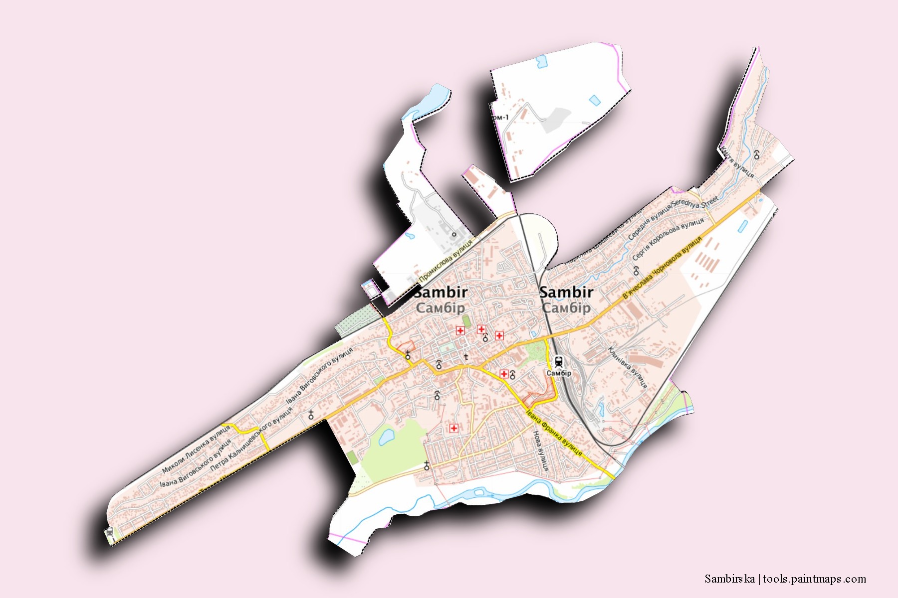 Mapa de barrios y pueblos de Sambirska con efecto de sombra 3D