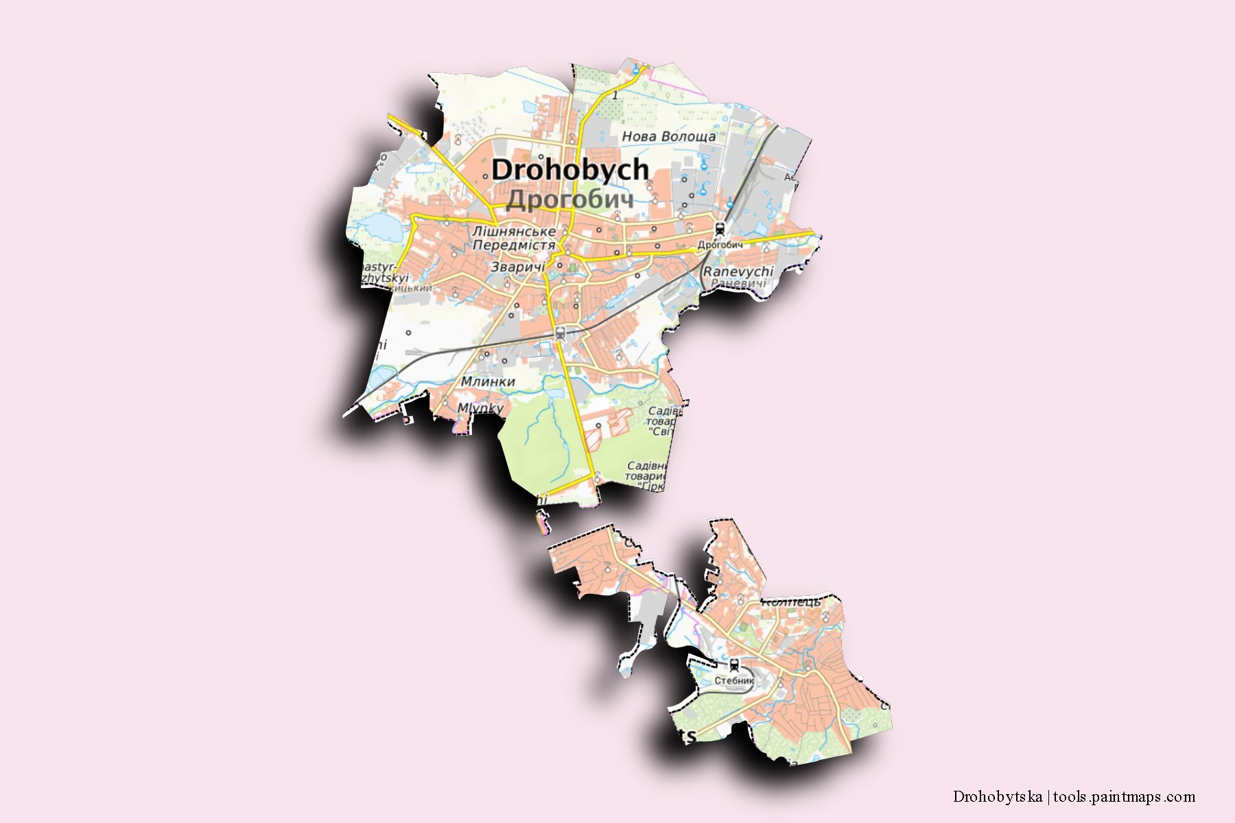 Mapa de barrios y pueblos de Drohobytska con efecto de sombra 3D