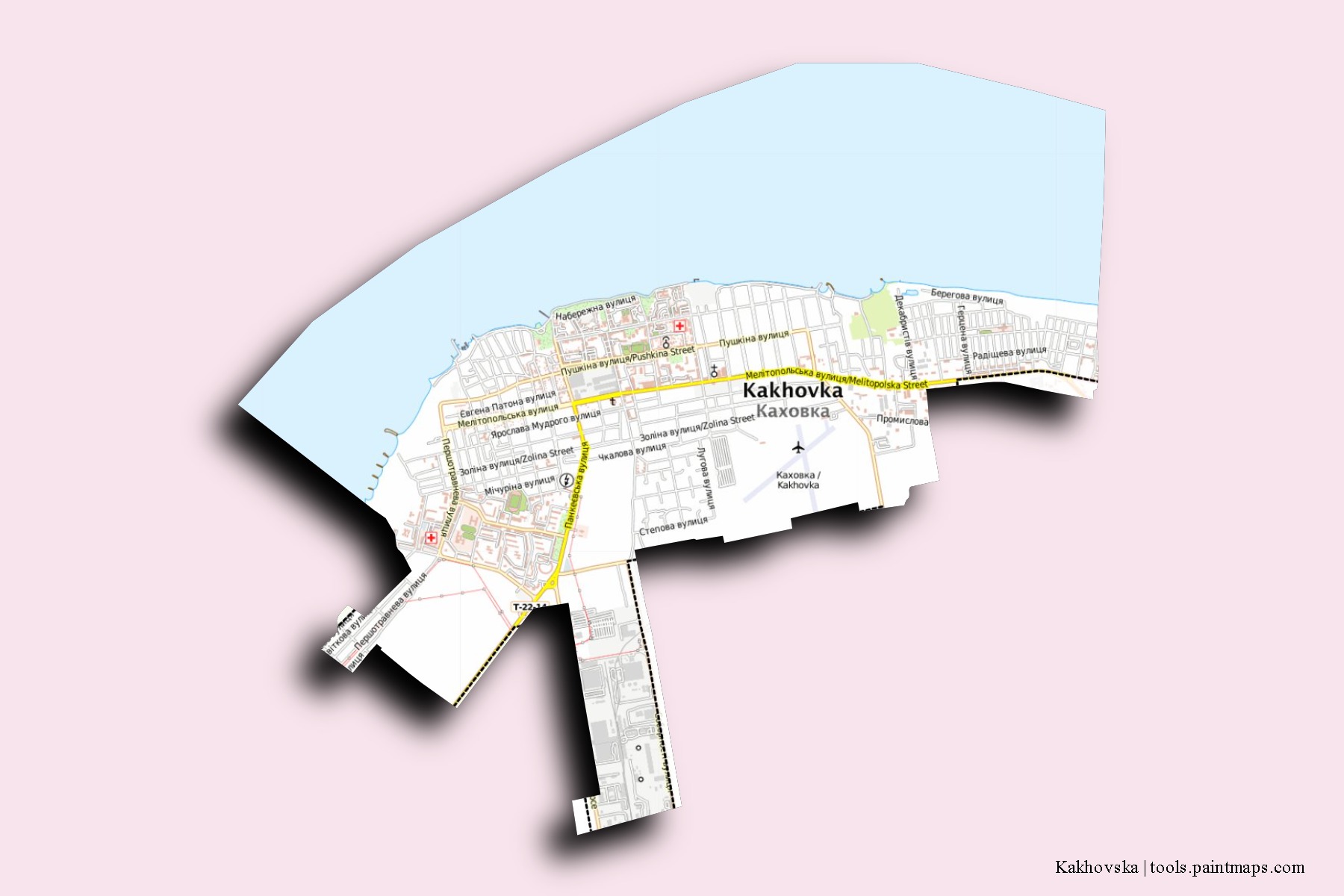 Mapa de barrios y pueblos de Kakhovska con efecto de sombra 3D