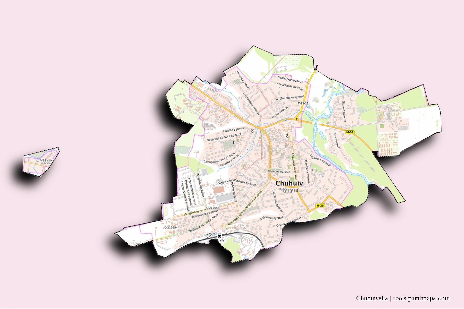 Mapa de barrios y pueblos de Chuhuivska con efecto de sombra 3D