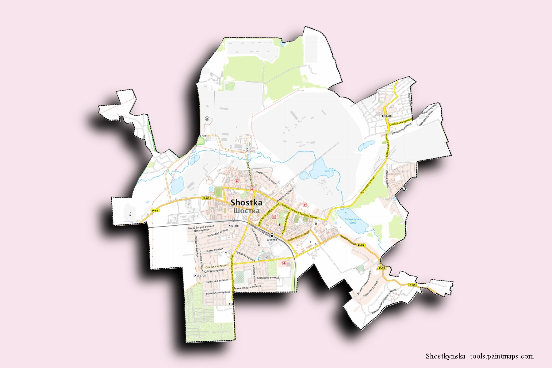 Mapa de barrios y pueblos de Shostkynska con efecto de sombra 3D