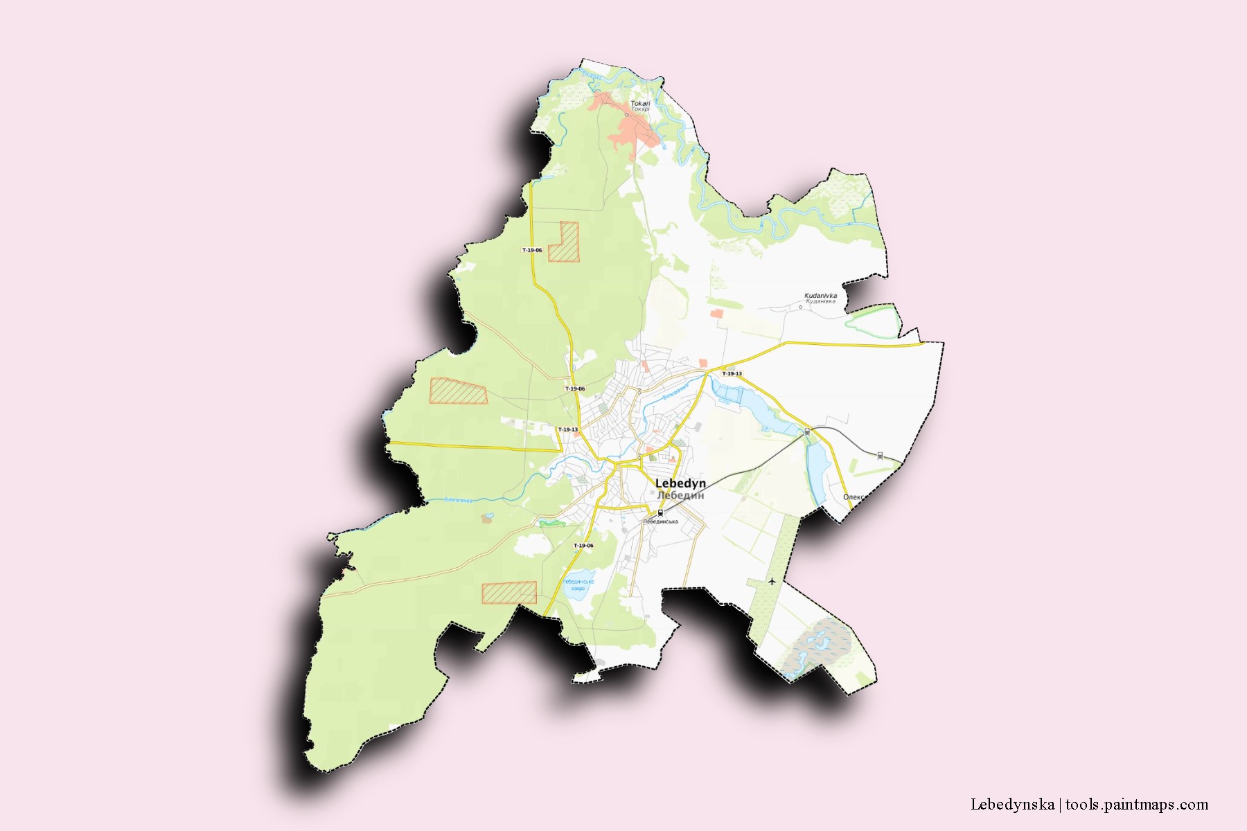 Mapa de barrios y pueblos de Lebedynska con efecto de sombra 3D