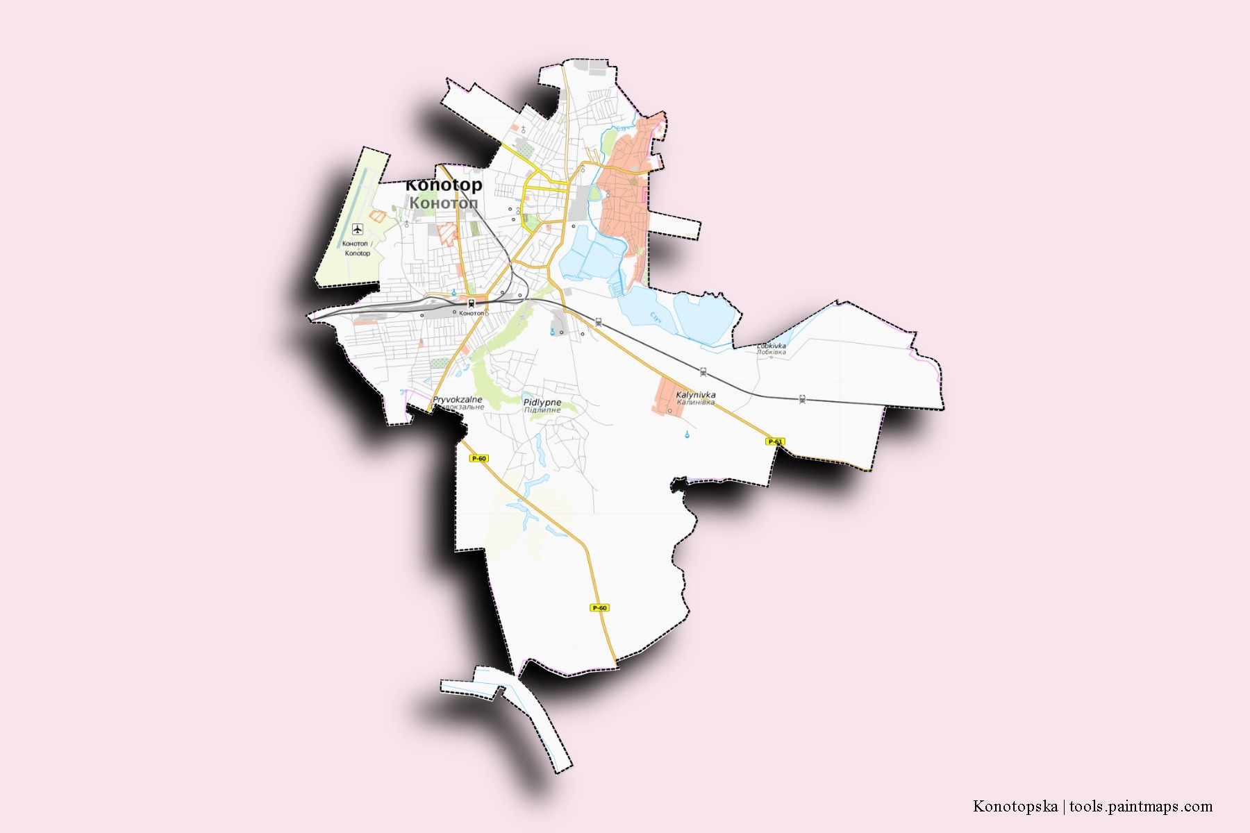 Mapa de barrios y pueblos de Konotopska con efecto de sombra 3D