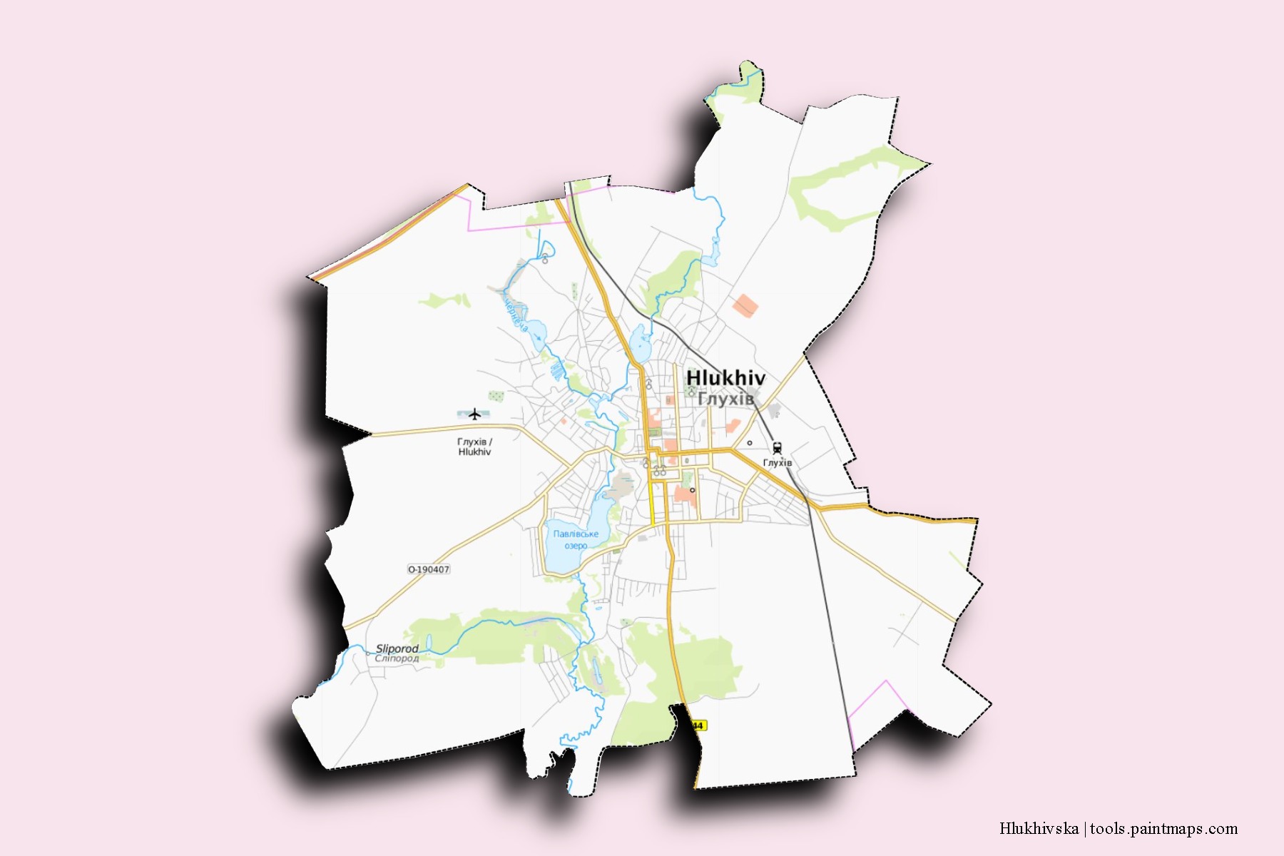 Mapa de barrios y pueblos de Hlukhivska con efecto de sombra 3D