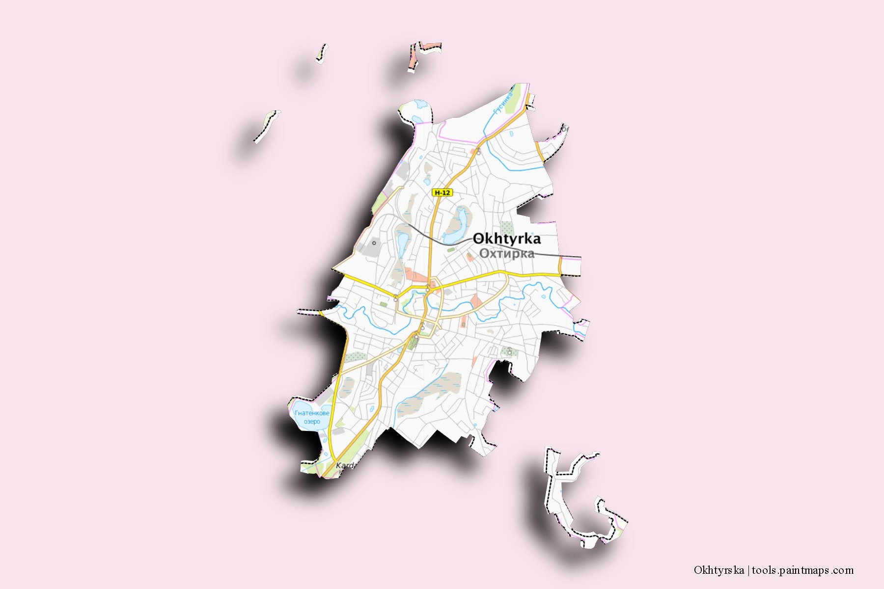 Mapa de barrios y pueblos de Okhtyrska con efecto de sombra 3D