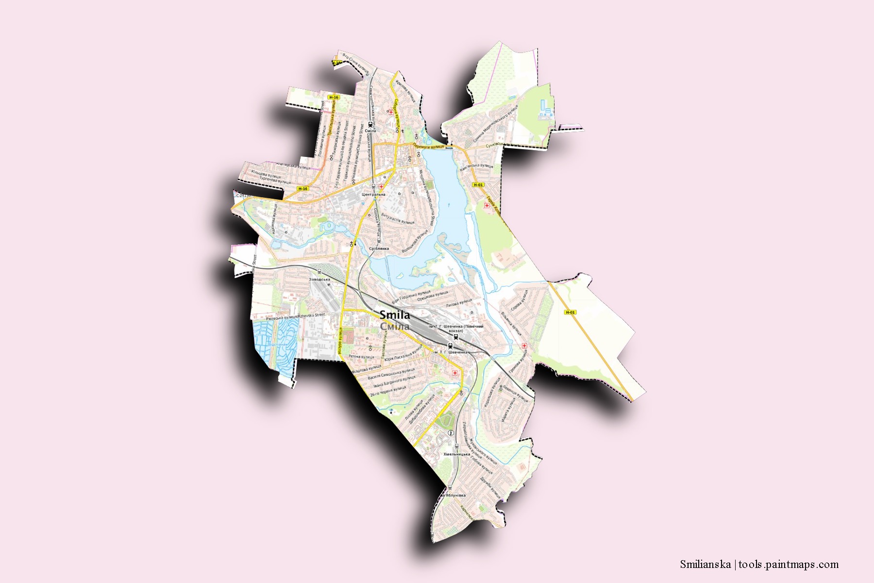 Mapa de barrios y pueblos de Smilianska con efecto de sombra 3D